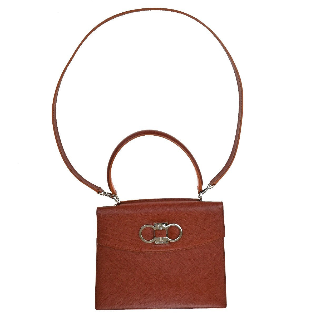 Salvatore Ferragamo Double Gancini Top Handle Saffiano Leather Brown Leather Handbag (Pre-Owned)