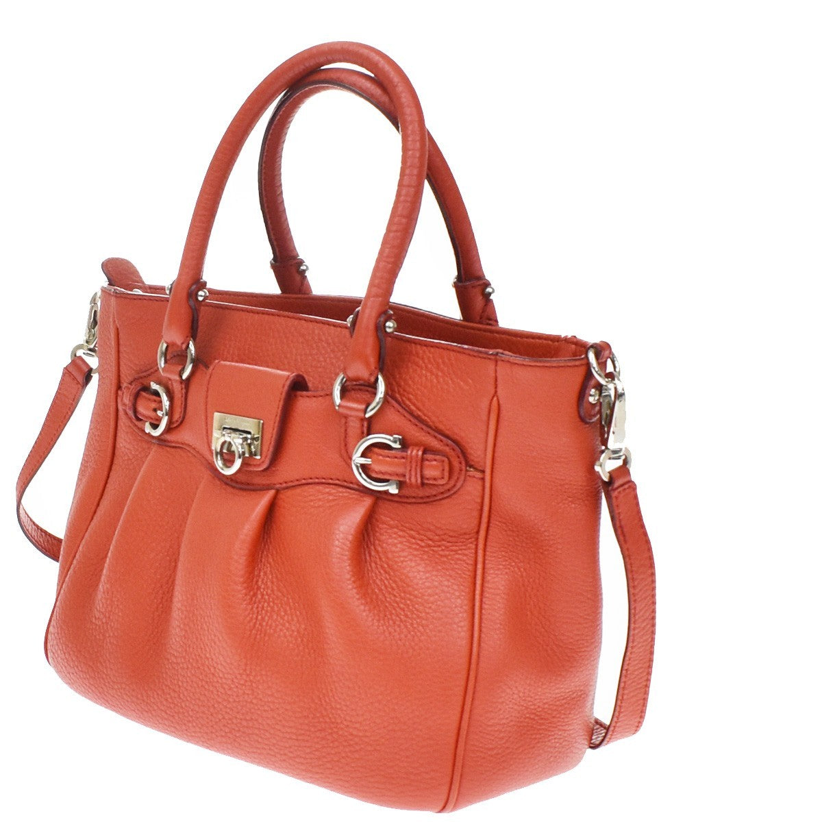 Salvatore Ferragamo Gancini Handle Leather Orange Leather Tote Bag Bag (Pre-Owned)