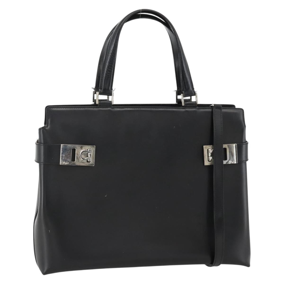 Salvatore Ferragamo Double Gancini Side Buckle Tote Leather Black Leather Handbag (Pre-Owned)