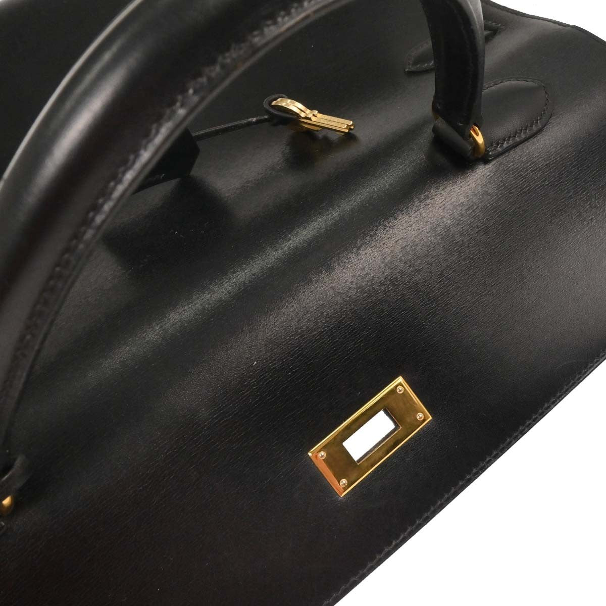 Hermes Kelly Black Box Calf With Gold Hardware Black Lace Handbag (Pre-Owned)