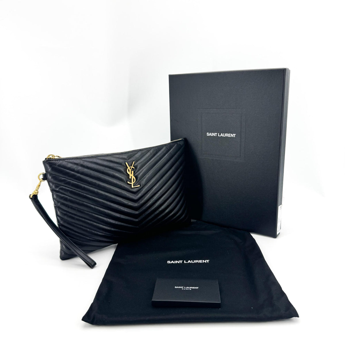 Saint Laurent Classic Monogram Wristlet Matelasse Chevron Leather Black Leather Clutche & Pouche Bag (Pre-Owned)