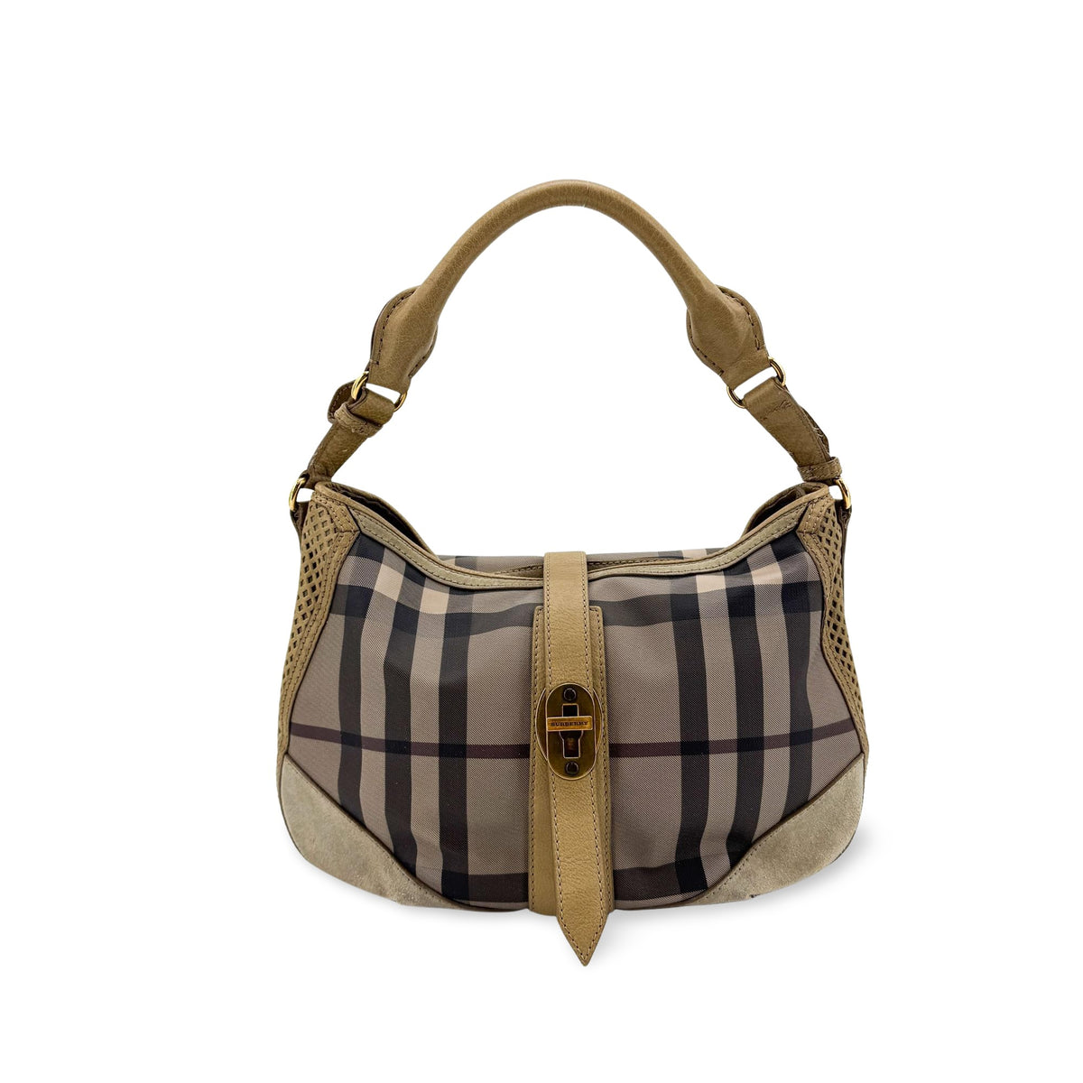 Burberry Ashwood Convertible Hobo House Check Canvas Beige Suede Shoulder Bag Bag (Pre-Owned)