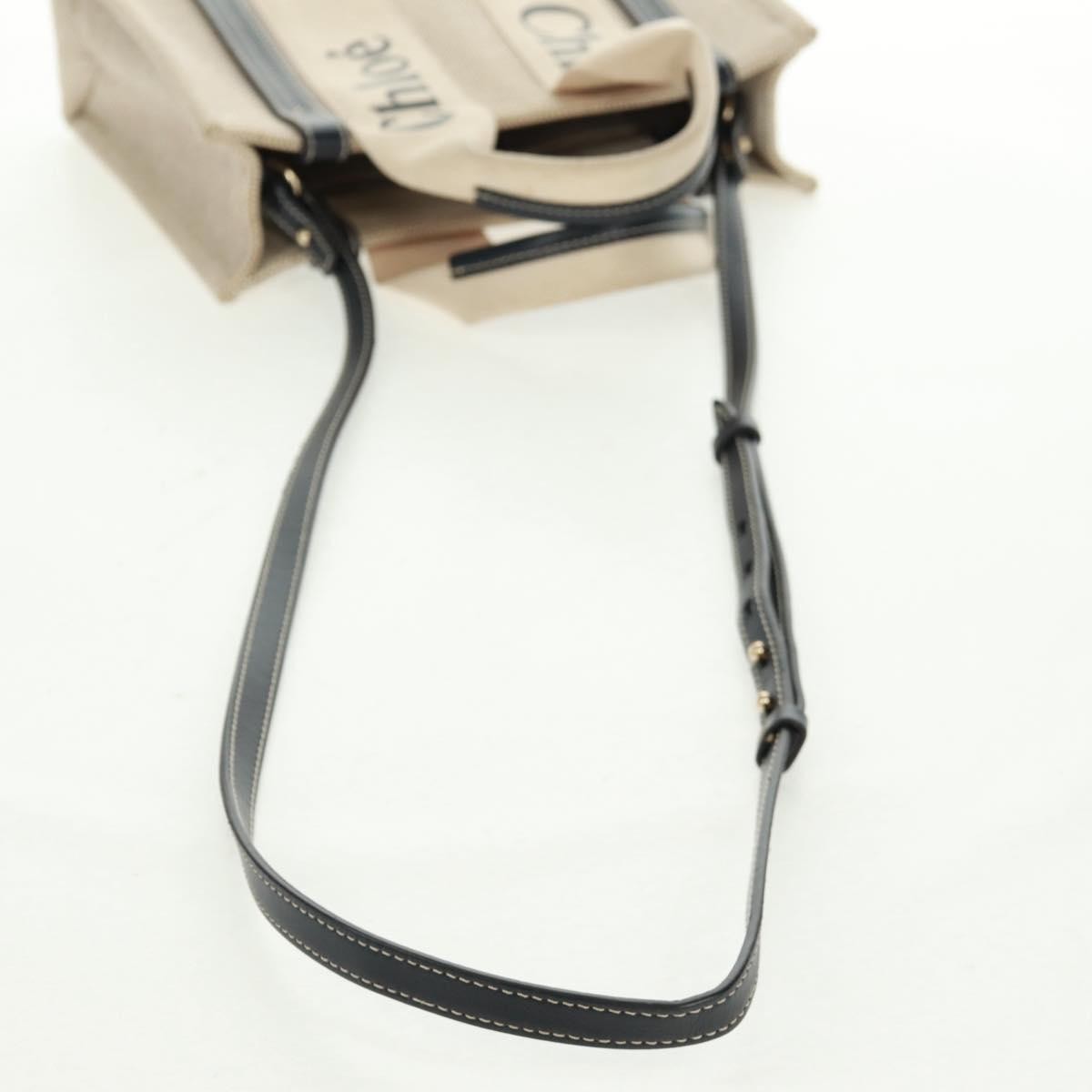 Chloe Woody Convertible Canvas With Leather Beige Canvas Tote Bag Bag (Pre-Owned)
