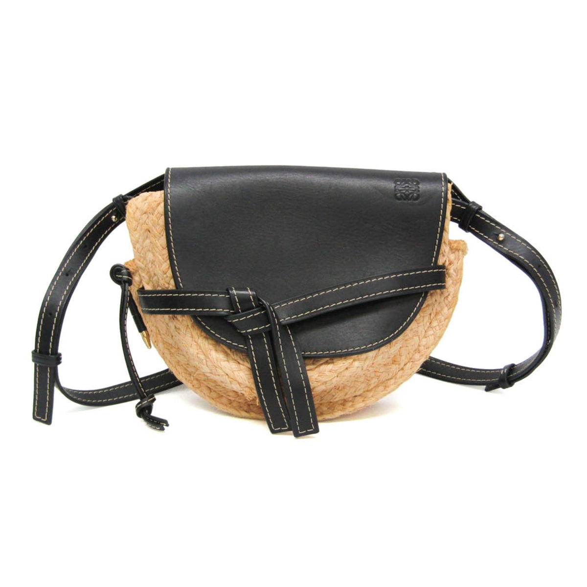 Loewe Gate Leather Leather With Raffia Black Leather Shoulder Bag Bag (Pre-Owned)