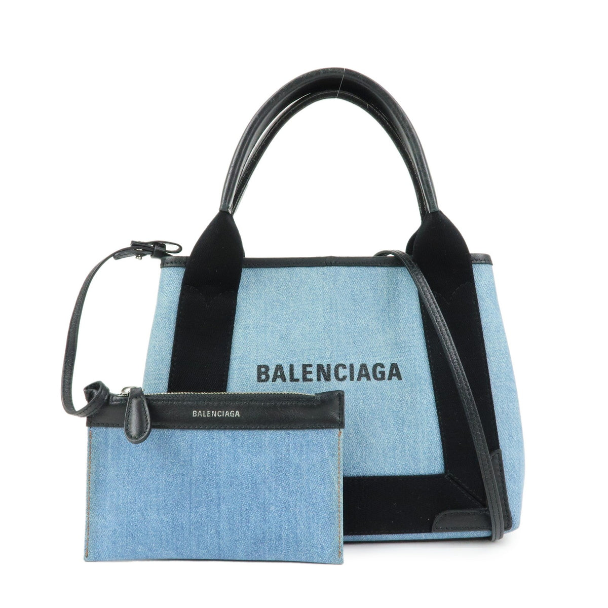 Balenciaga Navy Cabas Coated Denim With Leather Blue Pvc Tote Bag Bag (Pre-Owned)