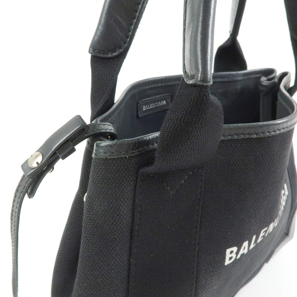Balenciaga Navy Cabas Canvas With Leather Black Canvas Tote Bag Bag (Pre-Owned)