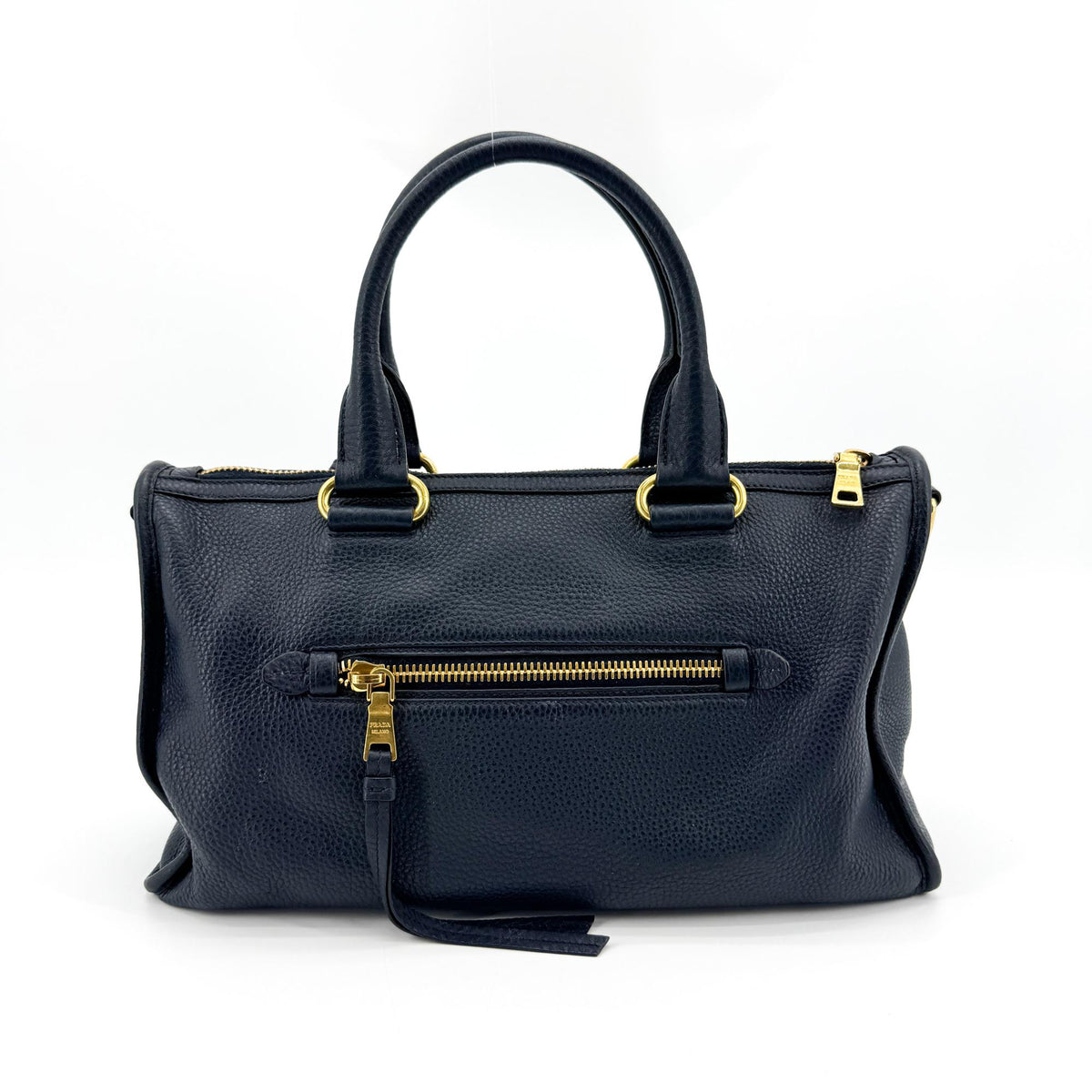 Prada Front Zip Convertible Satchel Vitello Phenix Navy Leather Handbag (Pre-Owned)