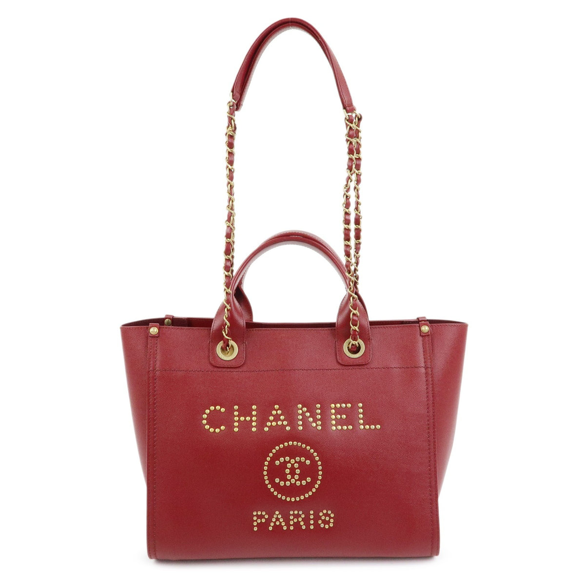 Chanel Deauville Studded Caviar Burgundy Leather Tote Bag Bag (Pre-Owned)