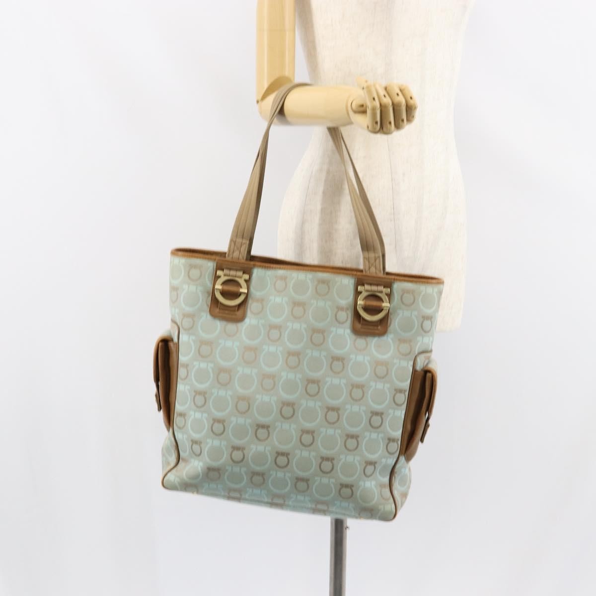 Salvatore Ferragamo Gancini Tote Gancini Canvas Blue Canvas Tote Bag Bag (Pre-Owned)
