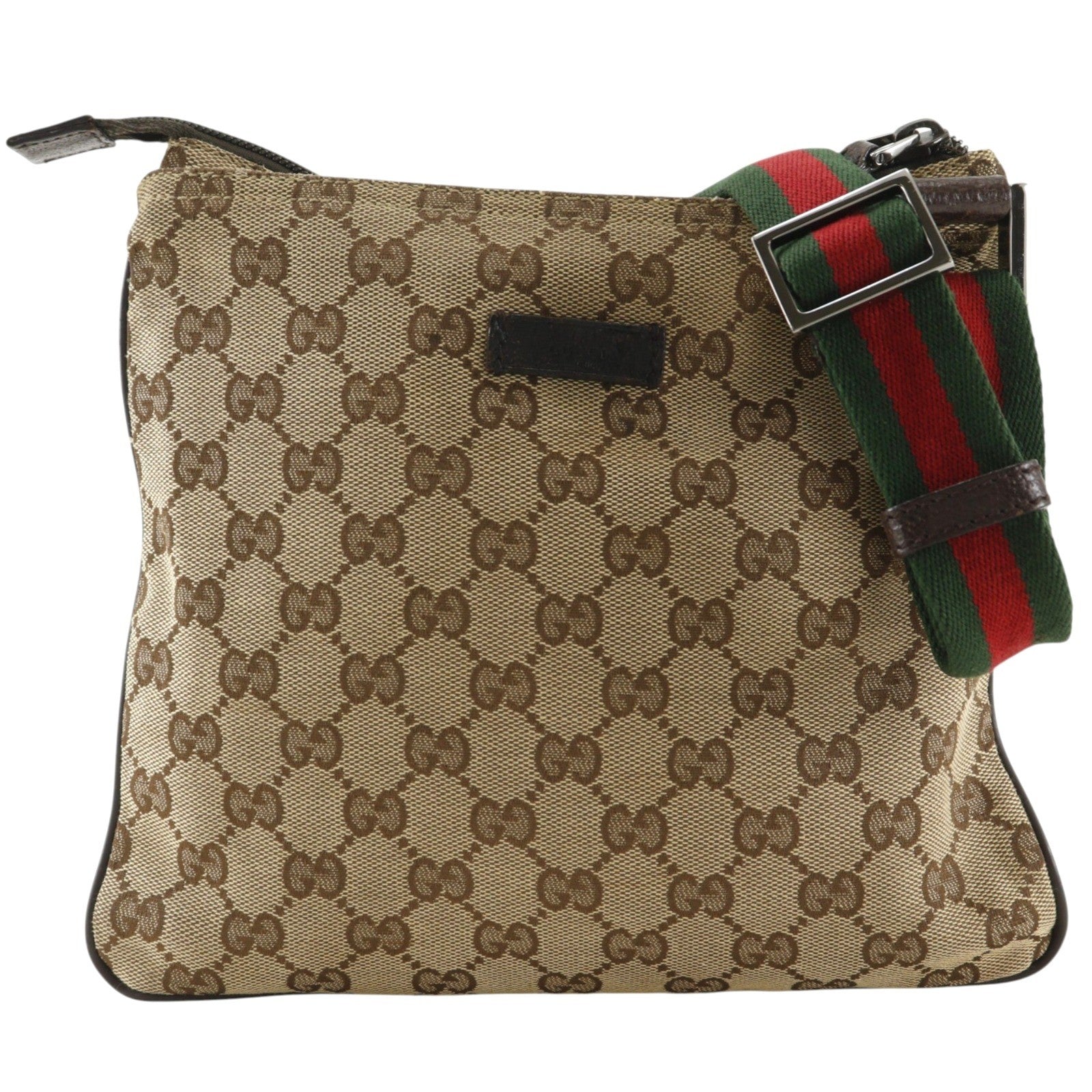 Gucci Web Strap Zip Messenger Gg Canvas And Leather Brown Canvas Shoulder Bag Bag (Pre-Owned)