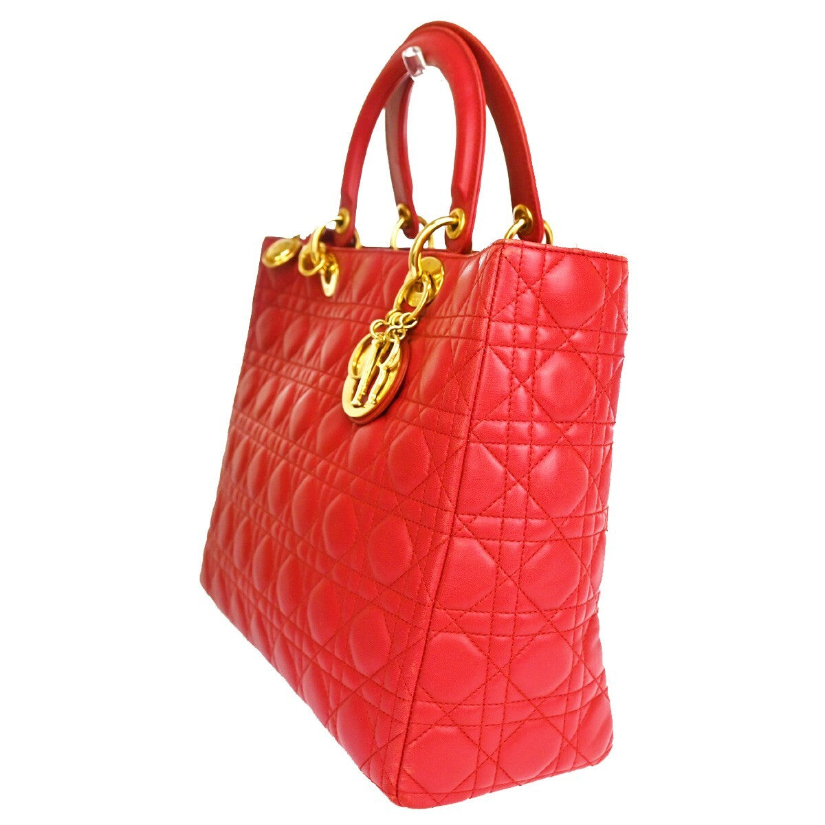 Christian Dior Vintage Lady Dior Cannage Quilt Lambskin Red Leather Bag (Pre-Owned)