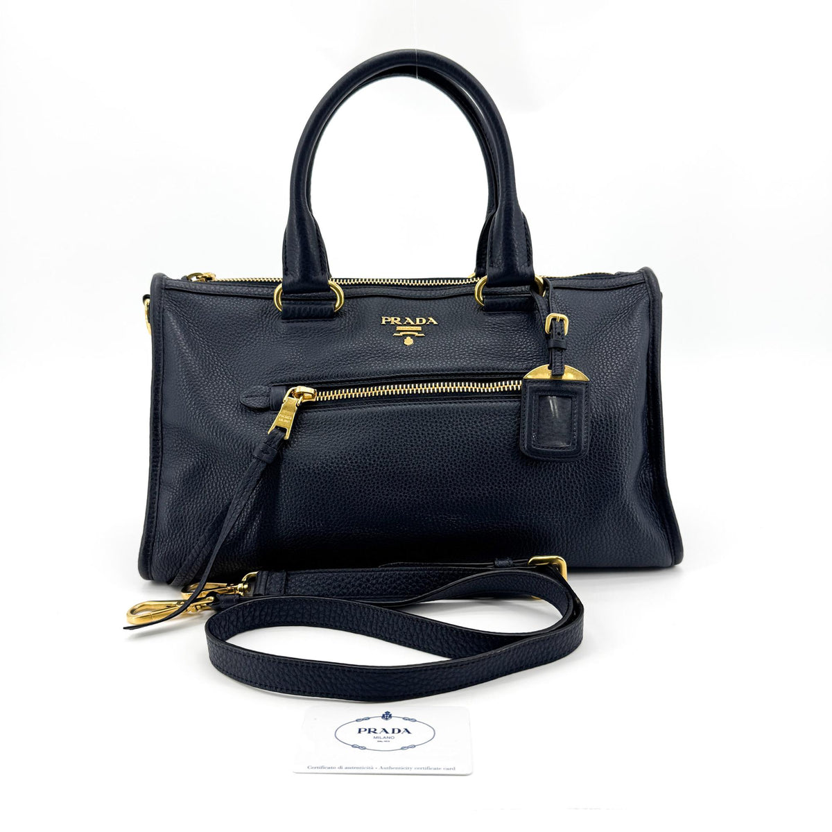 Prada Front Zip Convertible Satchel Vitello Phenix Navy Leather Handbag (Pre-Owned)