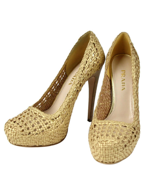 Prada Women's Gold Metallic Leather Woven Platform Heel 1IP064 (39.5 EU / 9.5 US)