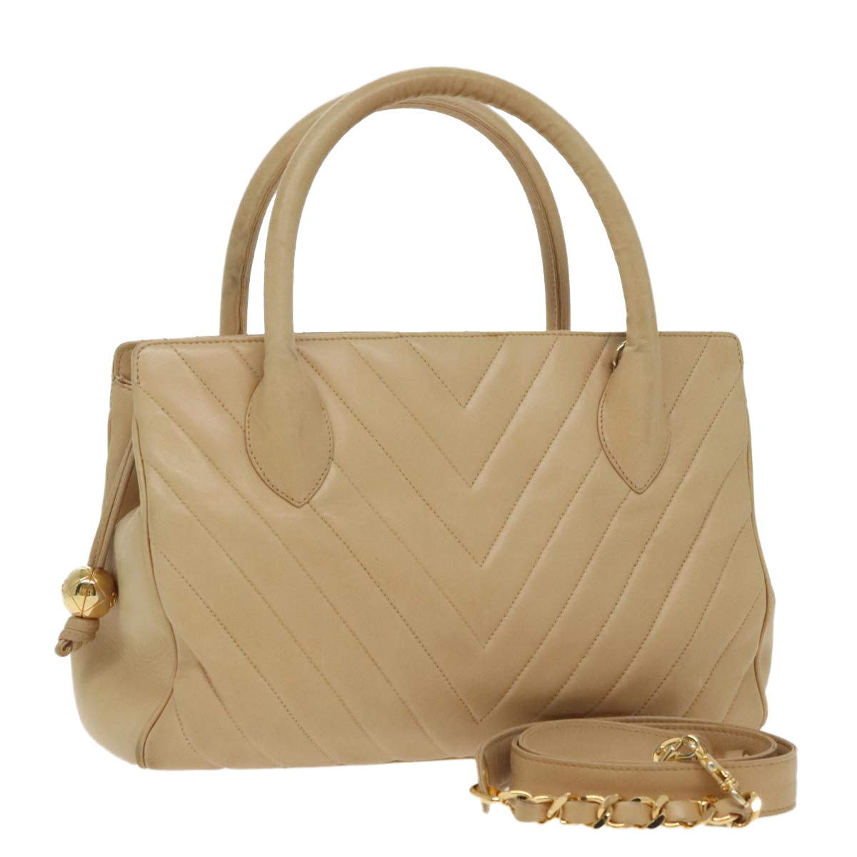 Chanel V-Stich Beige Leather Handbag (Pre-Owned)