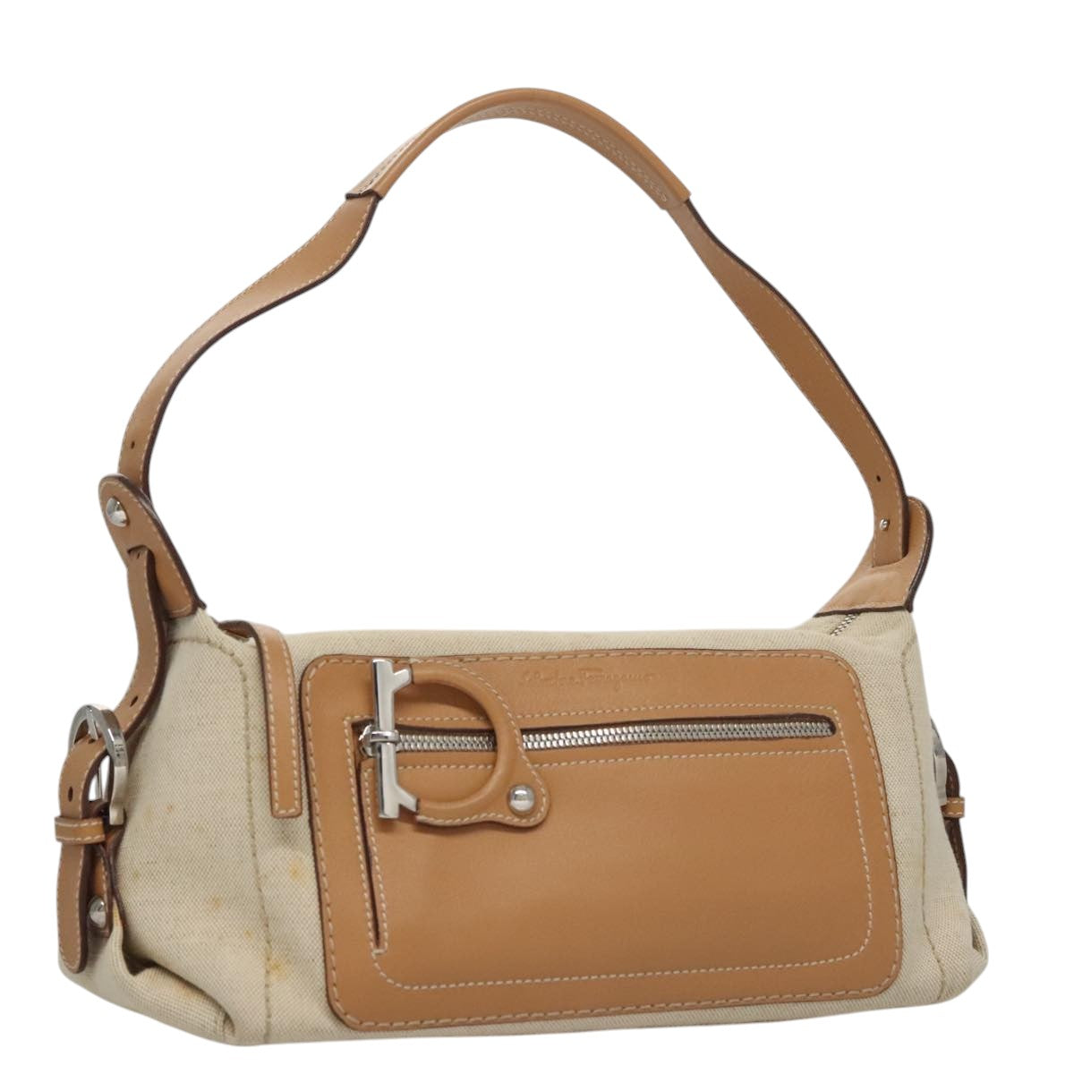 Salvatore Ferragamo Gancini Beige Canvas Shoulder Bag (Pre-Owned)