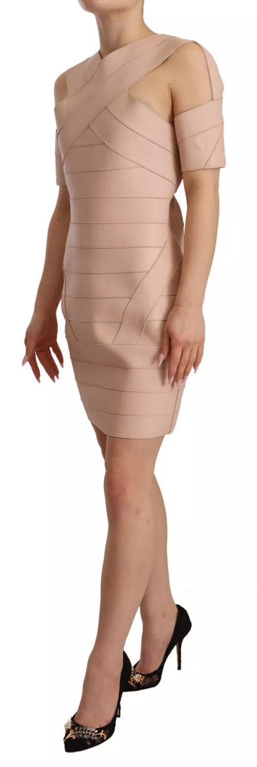 Dsquared² Beige Leather Open Shoulder Sheath Mini Women's Dress