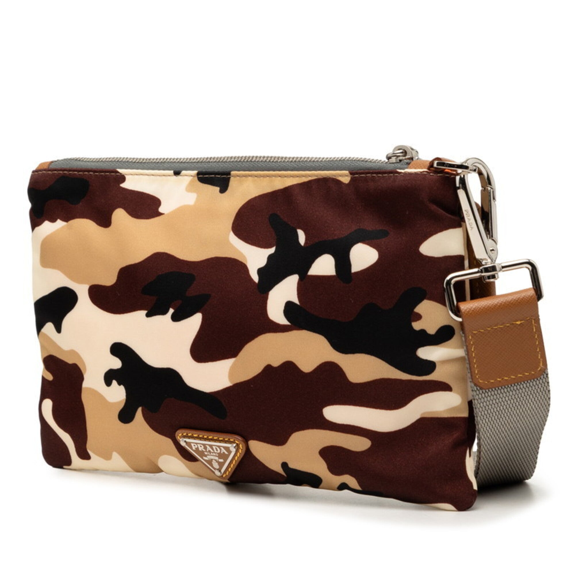 Prada Beige Black Brown Nylon Leather Clutch Bag Handbag Pouch (Pre-Owned)