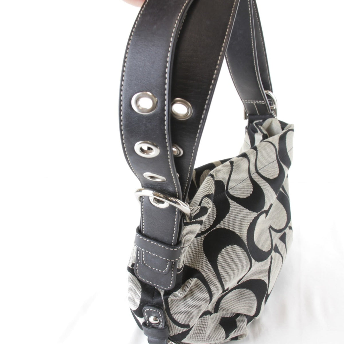 Coach Black Gray Canvas Leather Shoulder Bag (Pre-Owned)