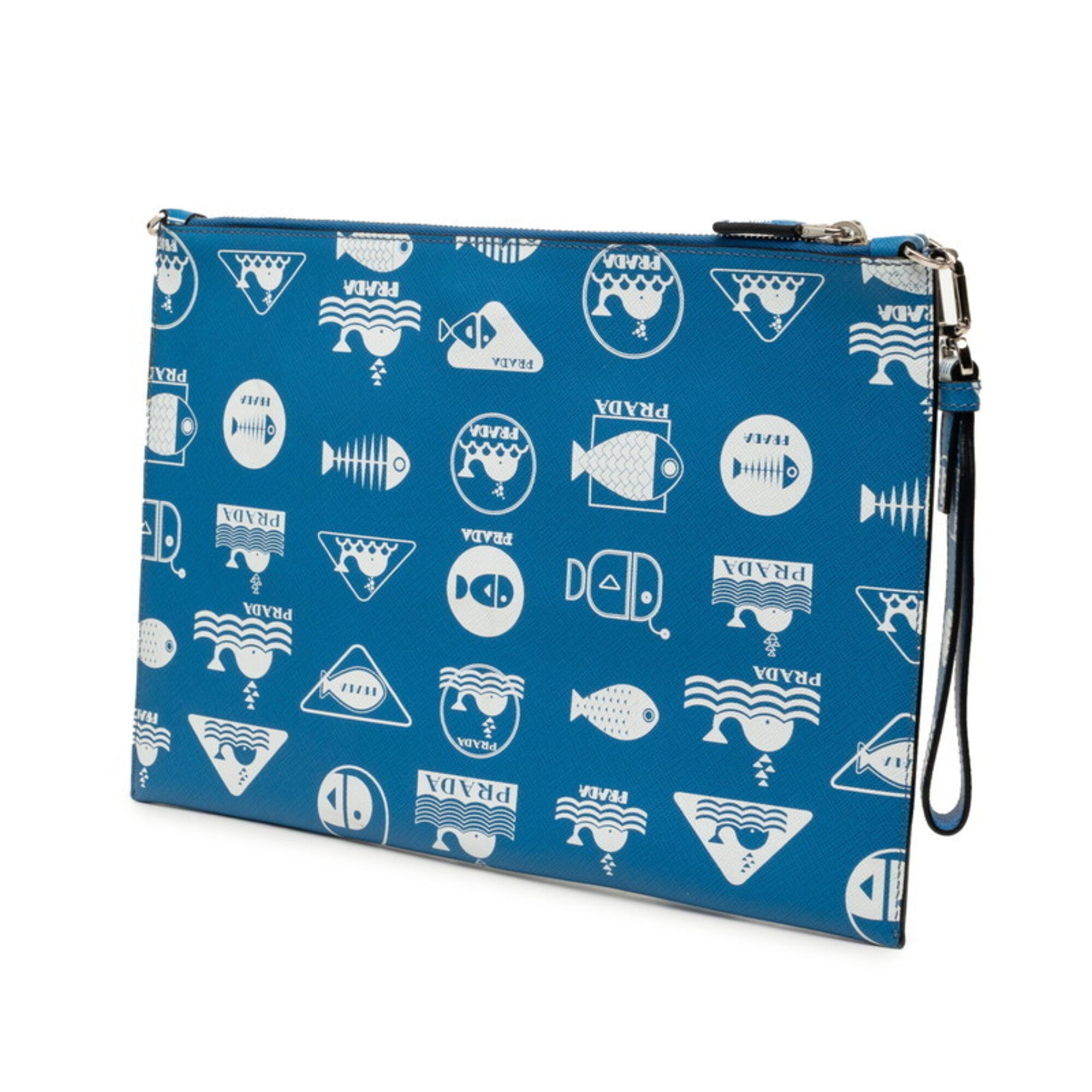 Prada Blue White Saffiano Triangle Leather Clutch Bag Shoulder Bag (Pre-Owned)