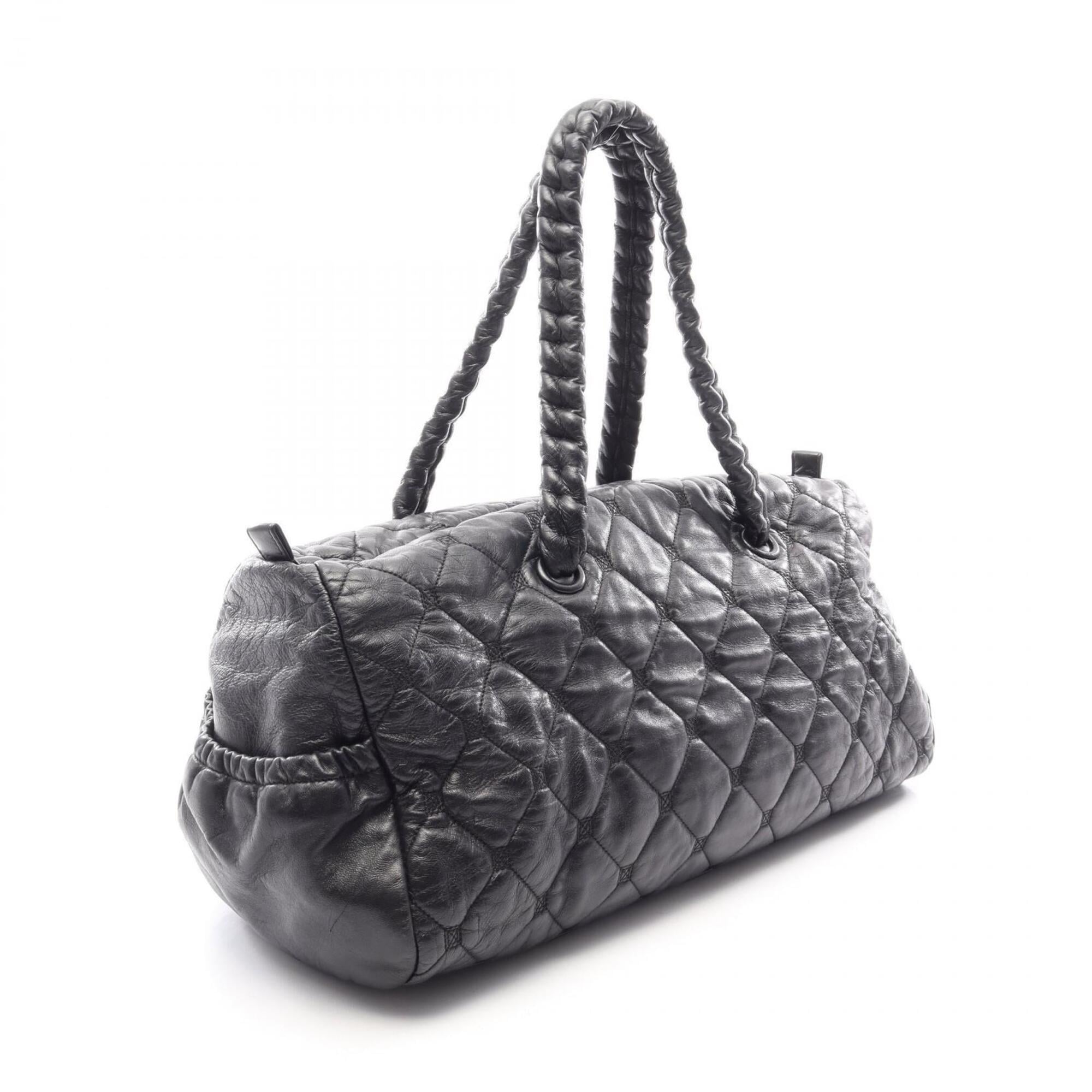 Chanel Black Leather Boston Bag Handbag (Pre-Owned)