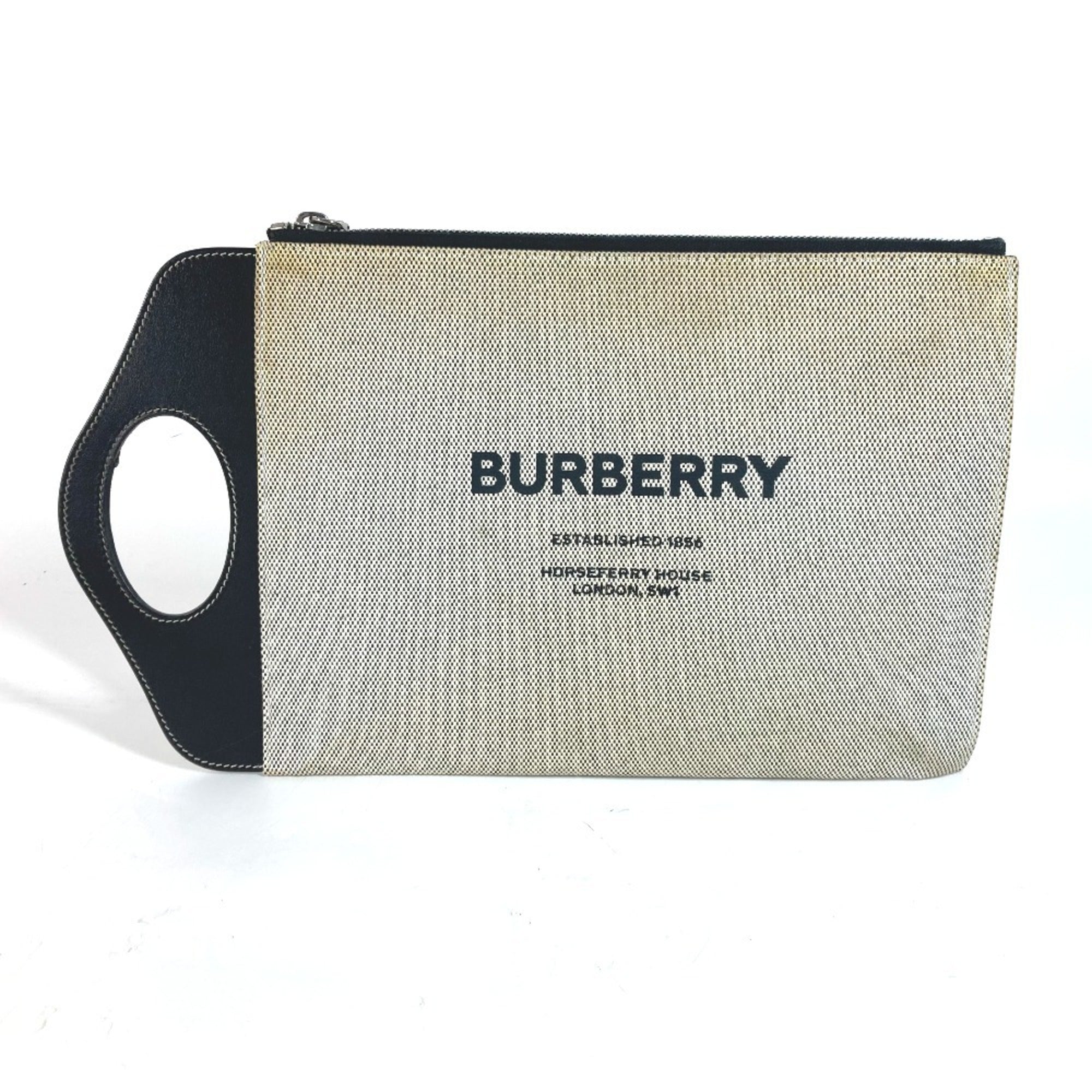 Burberry Black Gray Canvas Leather Clutch Bag Handbag (Pre-Owned)