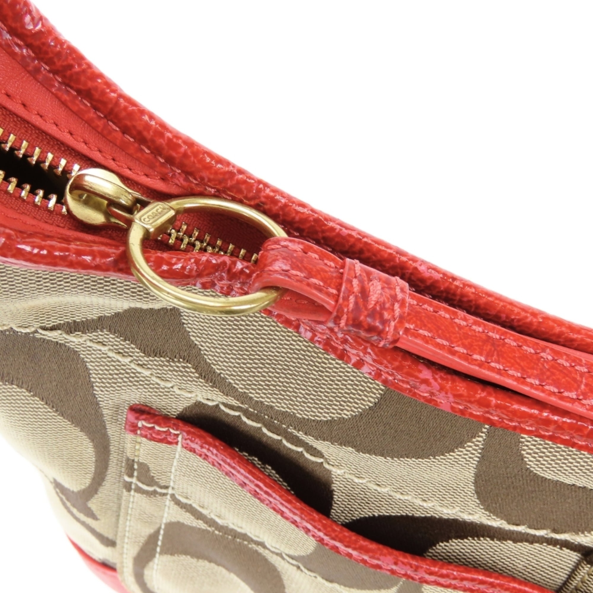 Coach Signature Beige Pink Red Color Canvas Leather Shoulder Bag (Pre-Owned)