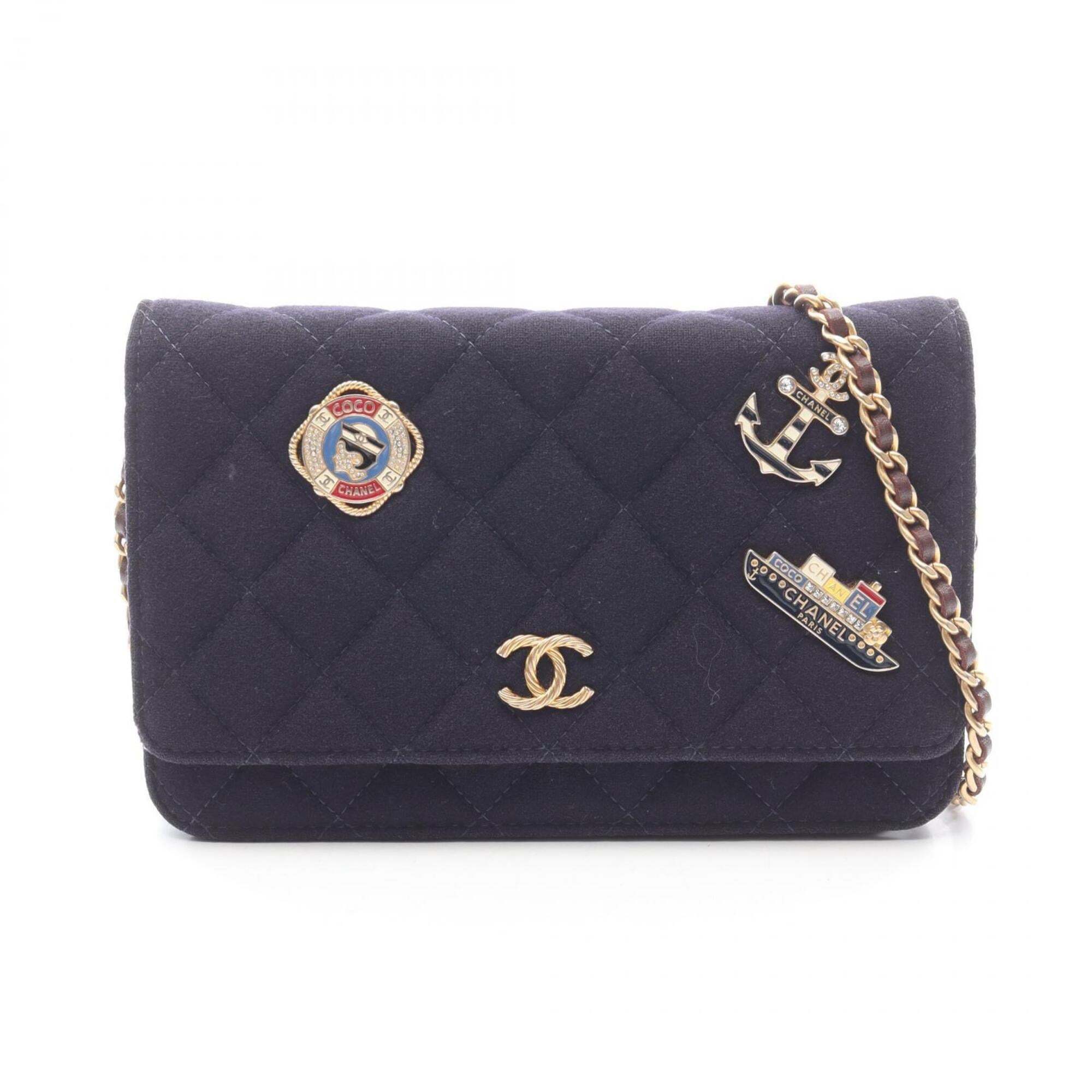 Chanel Brown Navy Wool Leather Handbag Shoulder Bag (Pre-Owned)