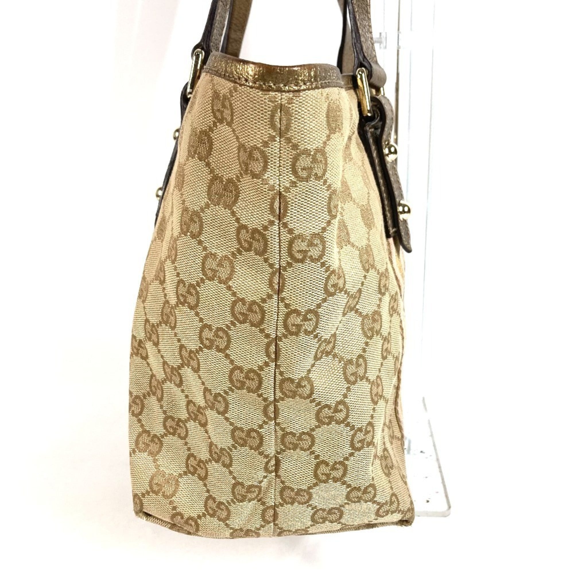 Gucci Beige Gg Canvas Leather Shoulder Bag Tote Bag (Pre-Owned)
