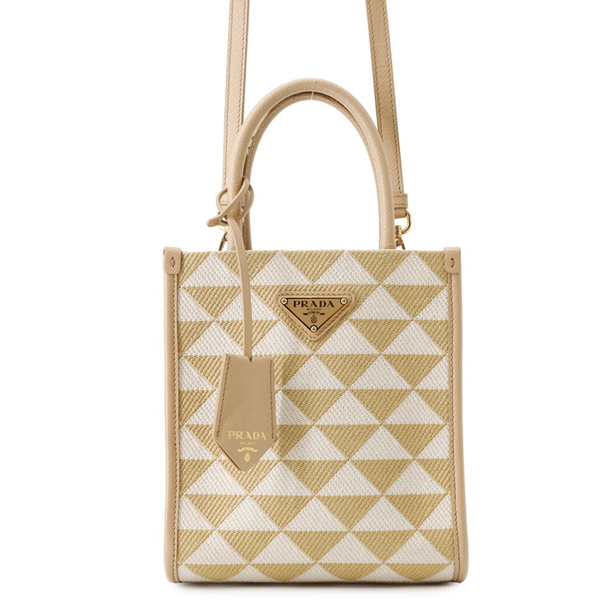 Prada Beige White Canvas Leather Handbag Shoulder Bag (Pre-Owned)