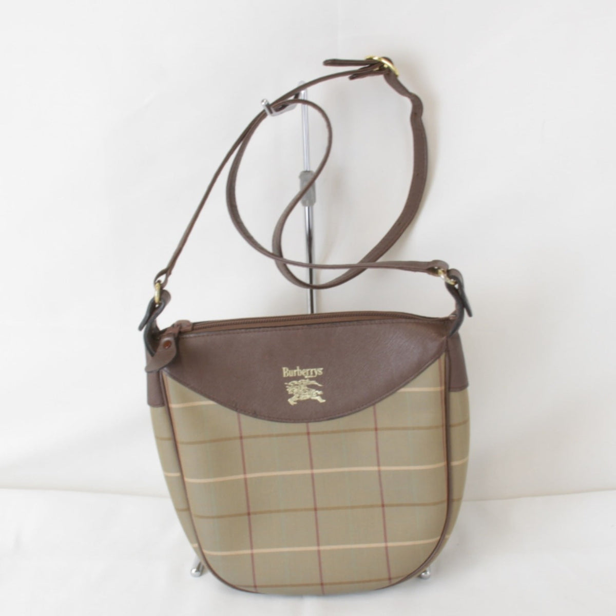 Burberry Brown Gray Leather Canvas Shoulder Bag (Pre-Owned)