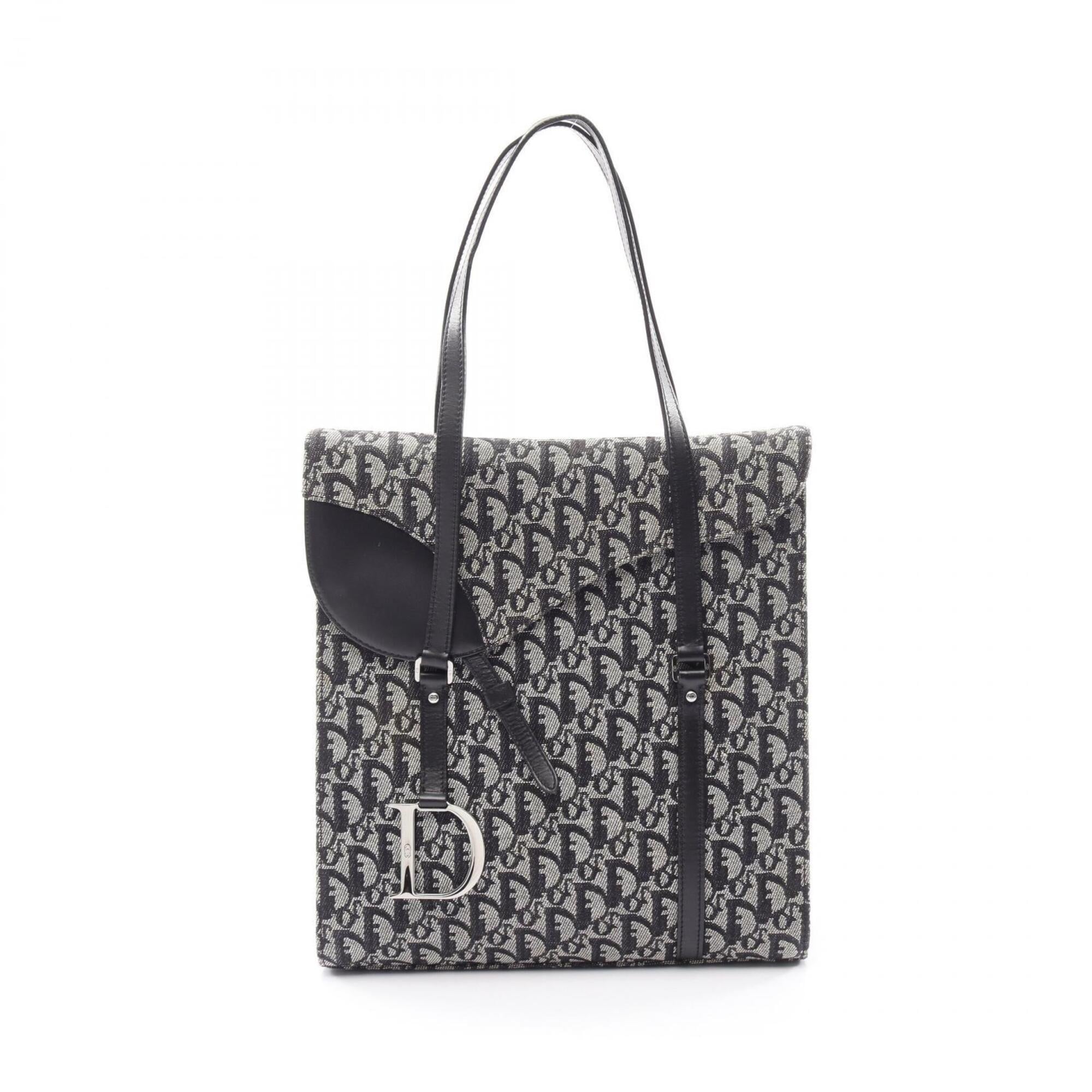 Christian Dior Black Gray Canvas Leather Saddle Bag Tote Bag (Pre-Owned)