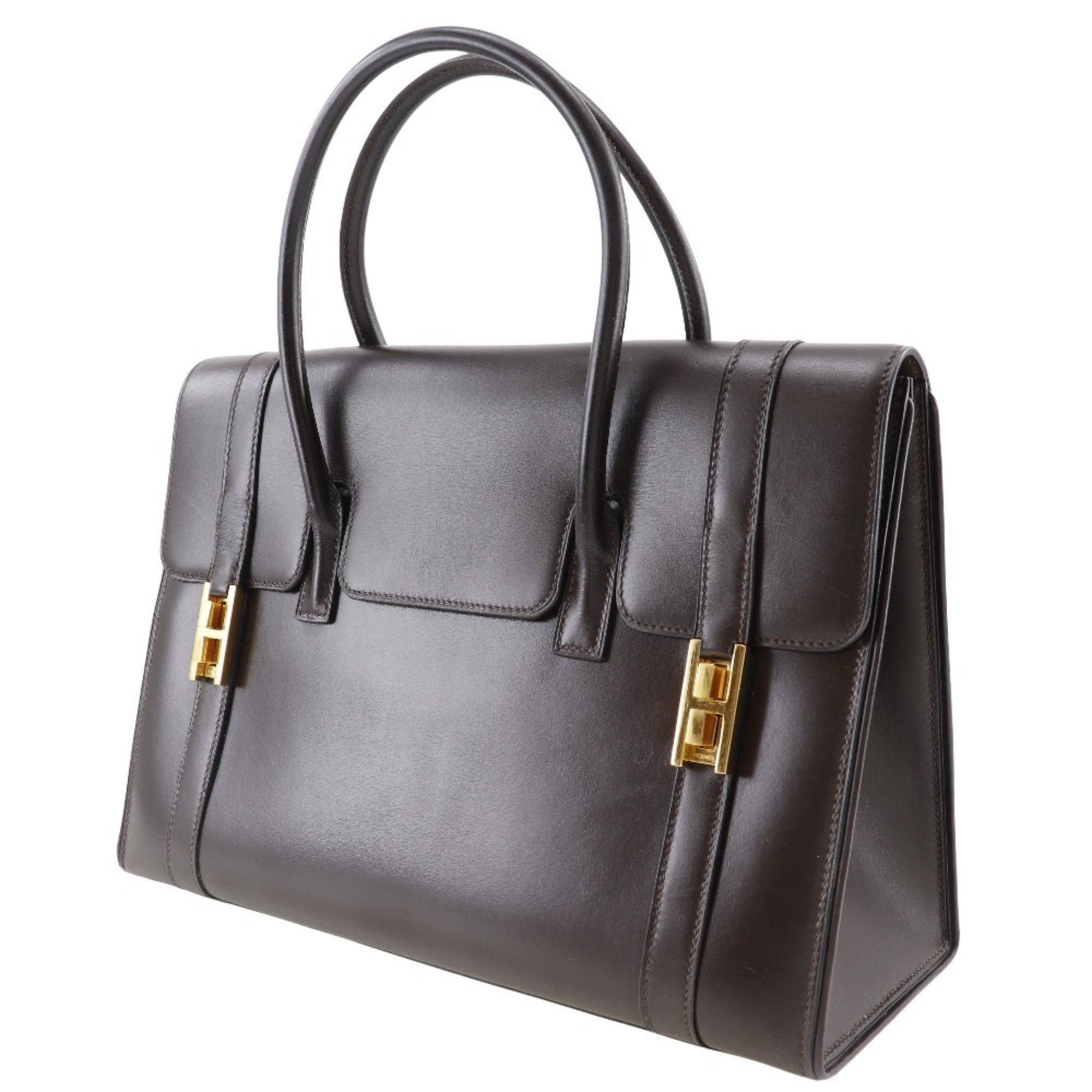 Hermes Drag Brown Box Calf Leather Handbag (Pre-Owned)