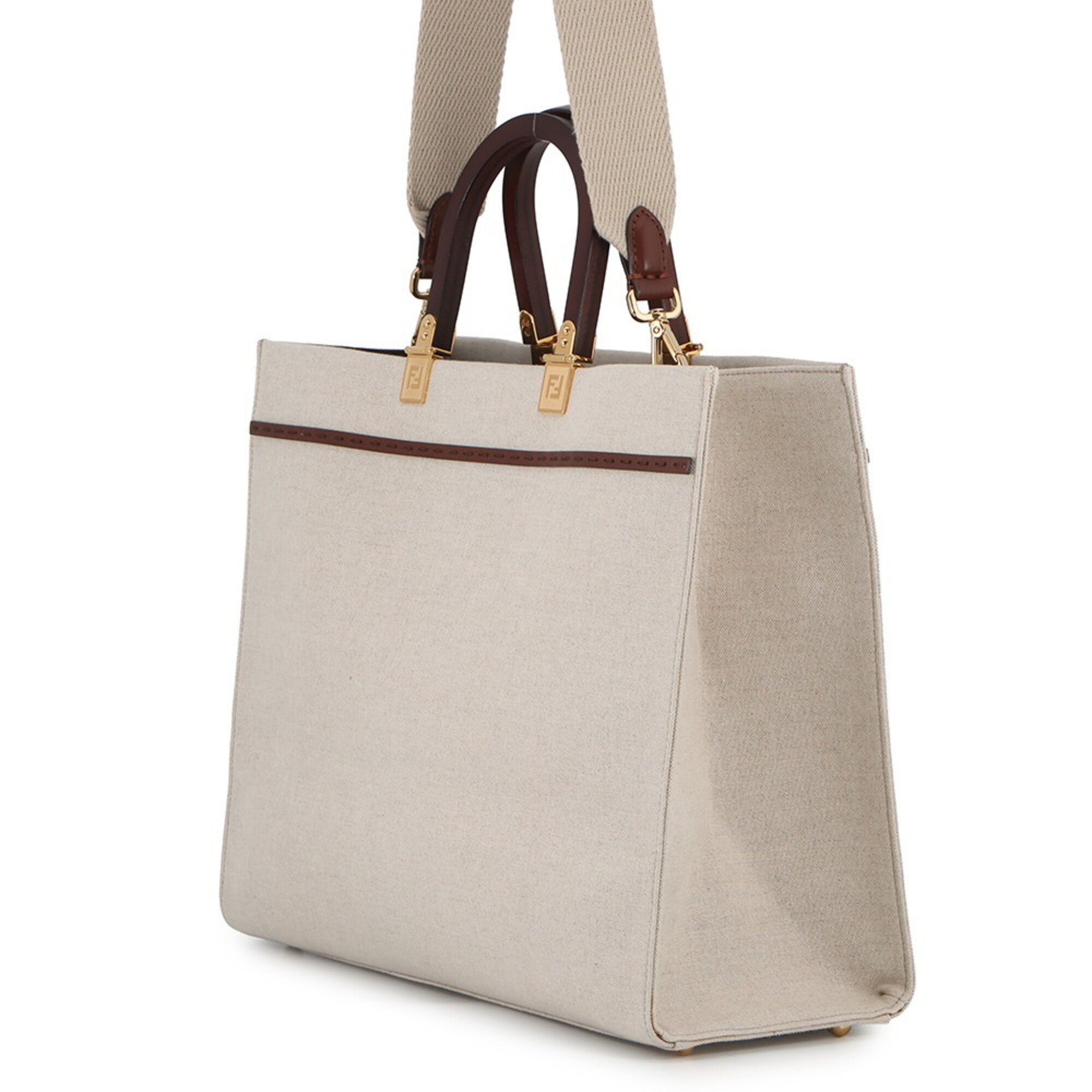 Fendi Brown Ivory Canvas Leather Handbag Shoulder Bag Tote Bag (Pre-Owned)