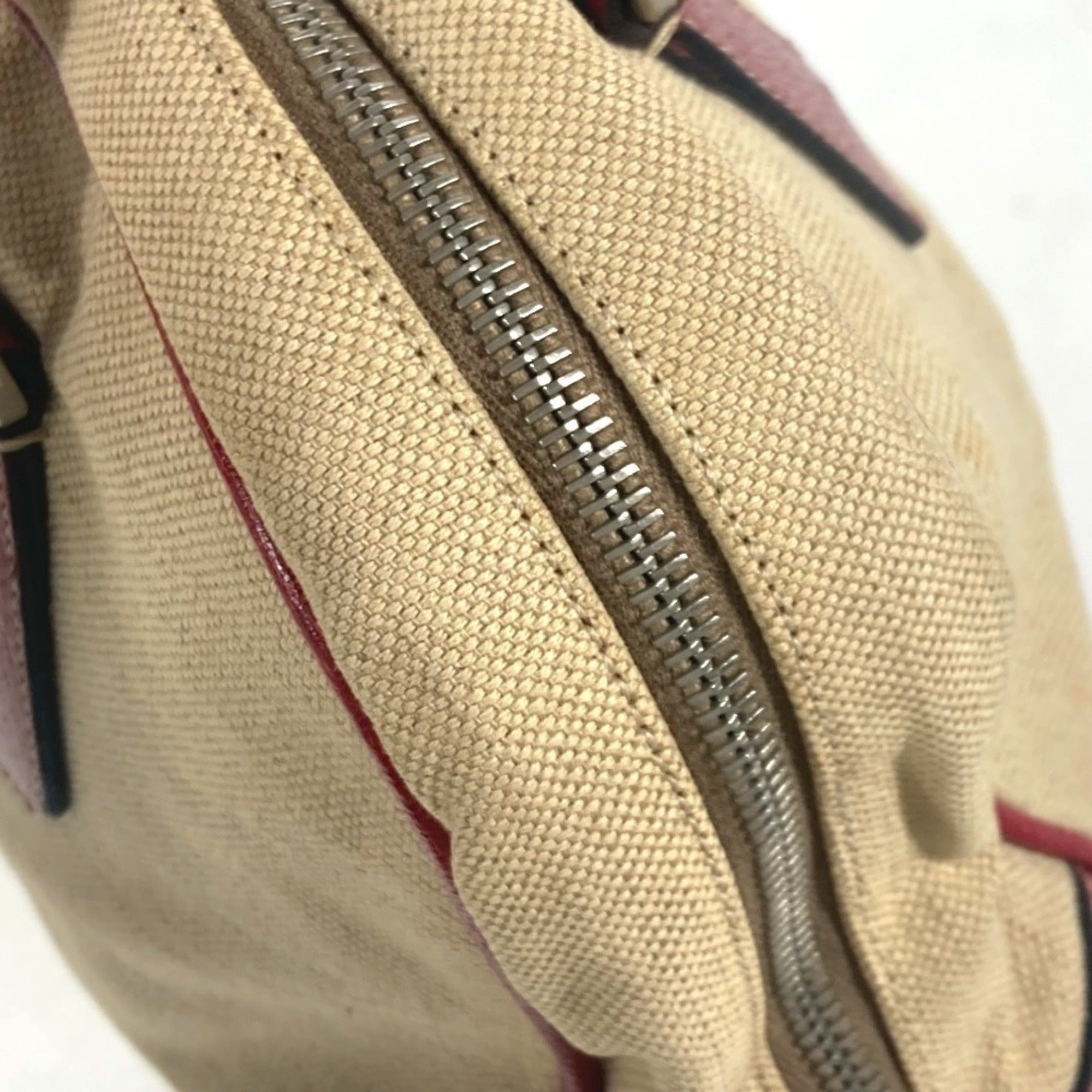 Prada Beige Red Color Leather Canvas Boston Bag Shoulder Bag (Pre-Owned)