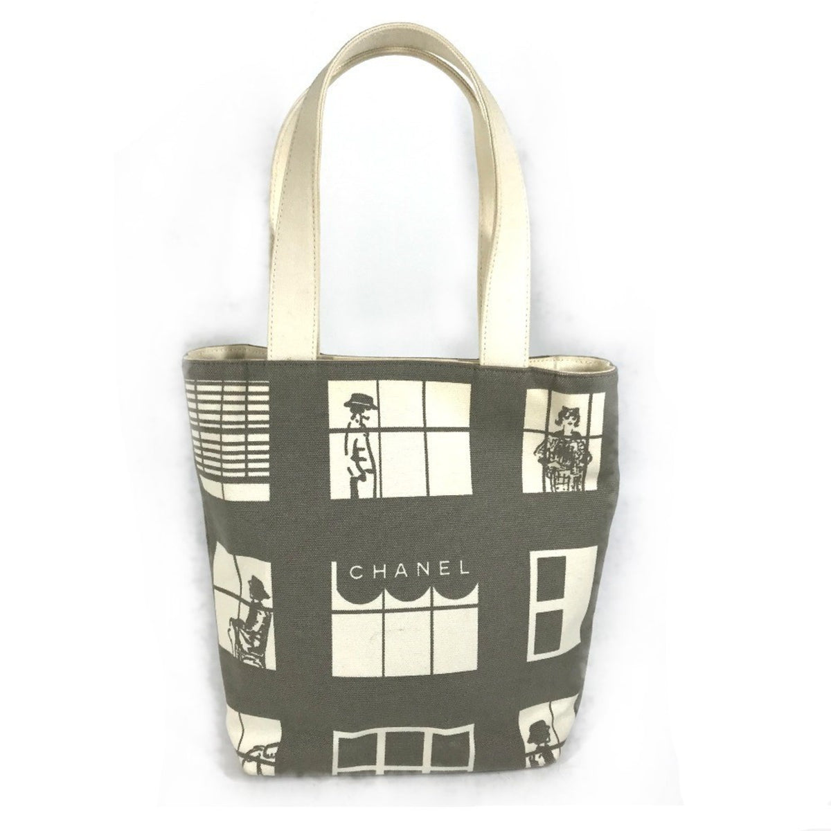 Chanel Gray White Canvas Handbag Shoulder Bag Tote Bag (Pre-Owned)