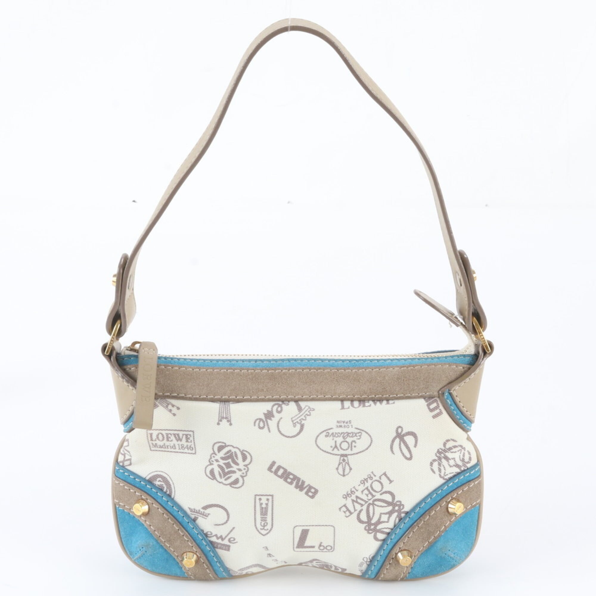 Loewe Beige Blue Leather Canvas Handbag Shoulder Bag Tote Bag (Pre-Owned)