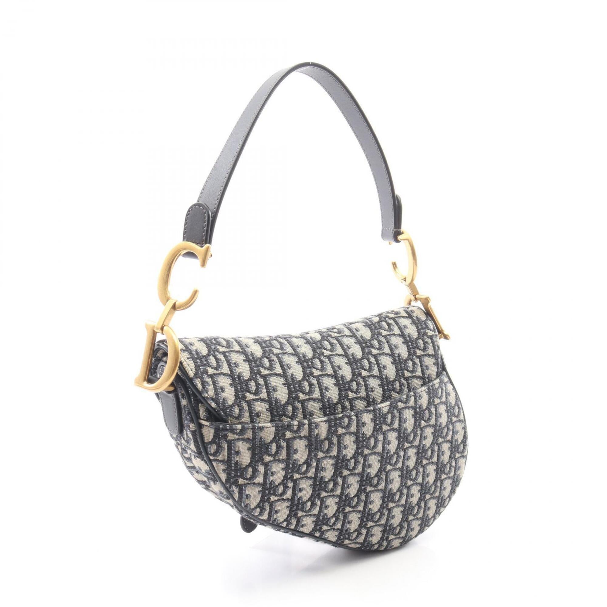 Christian Dior Beige Navy Canvas Leather Handbag Saddle Bag (Pre-Owned)