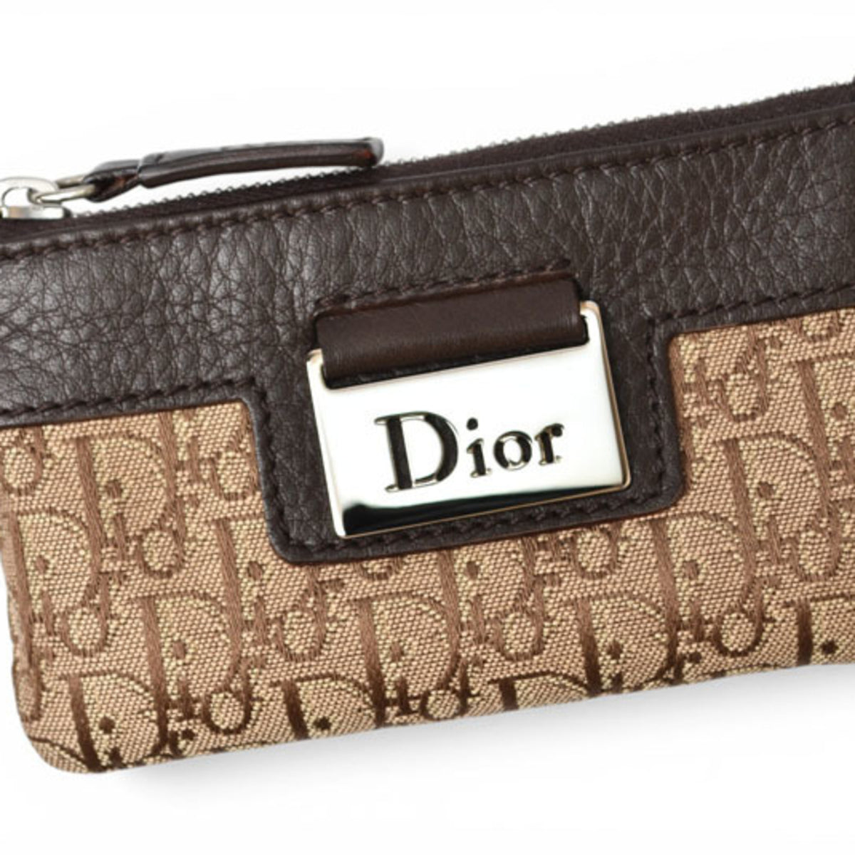 Christian Dior Beige Brown Leather Canvas Pouch (Pre-Owned)