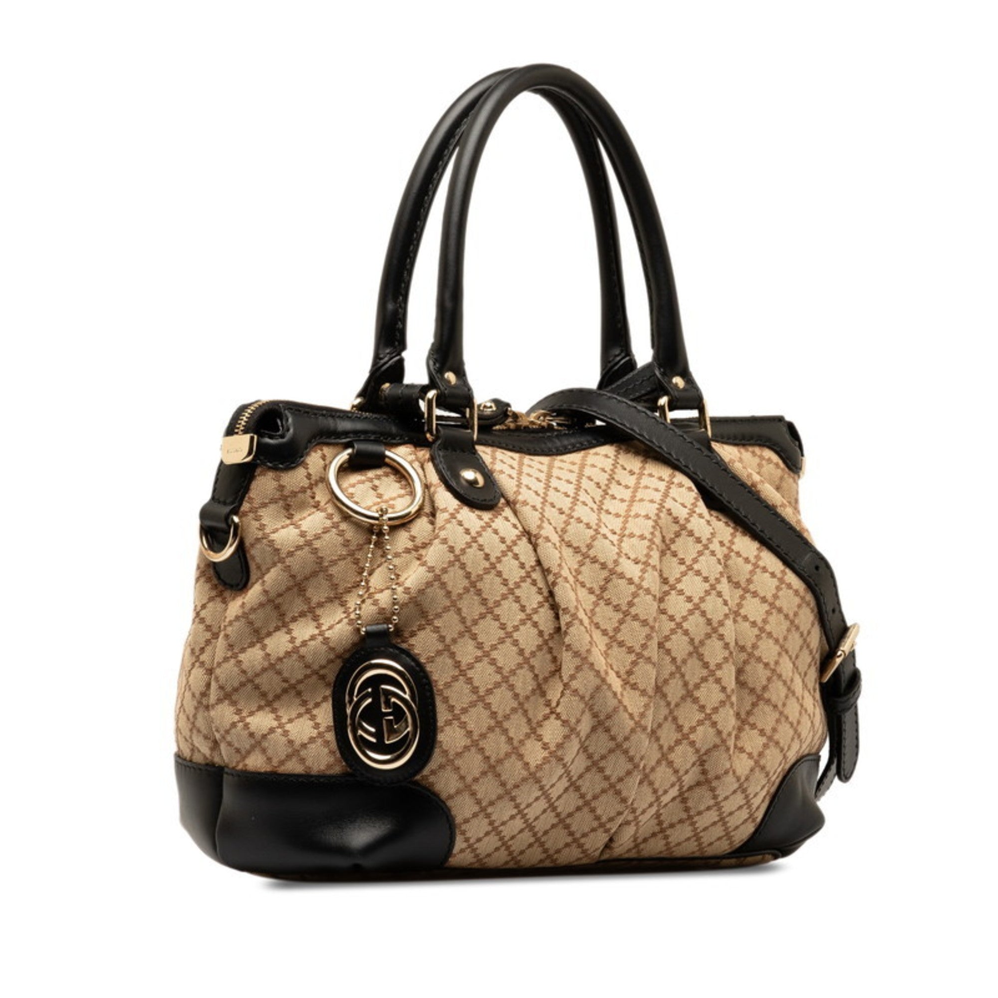 Gucci Diamante Beige Black Canvas Handbag Shoulder Bag (Pre-Owned)