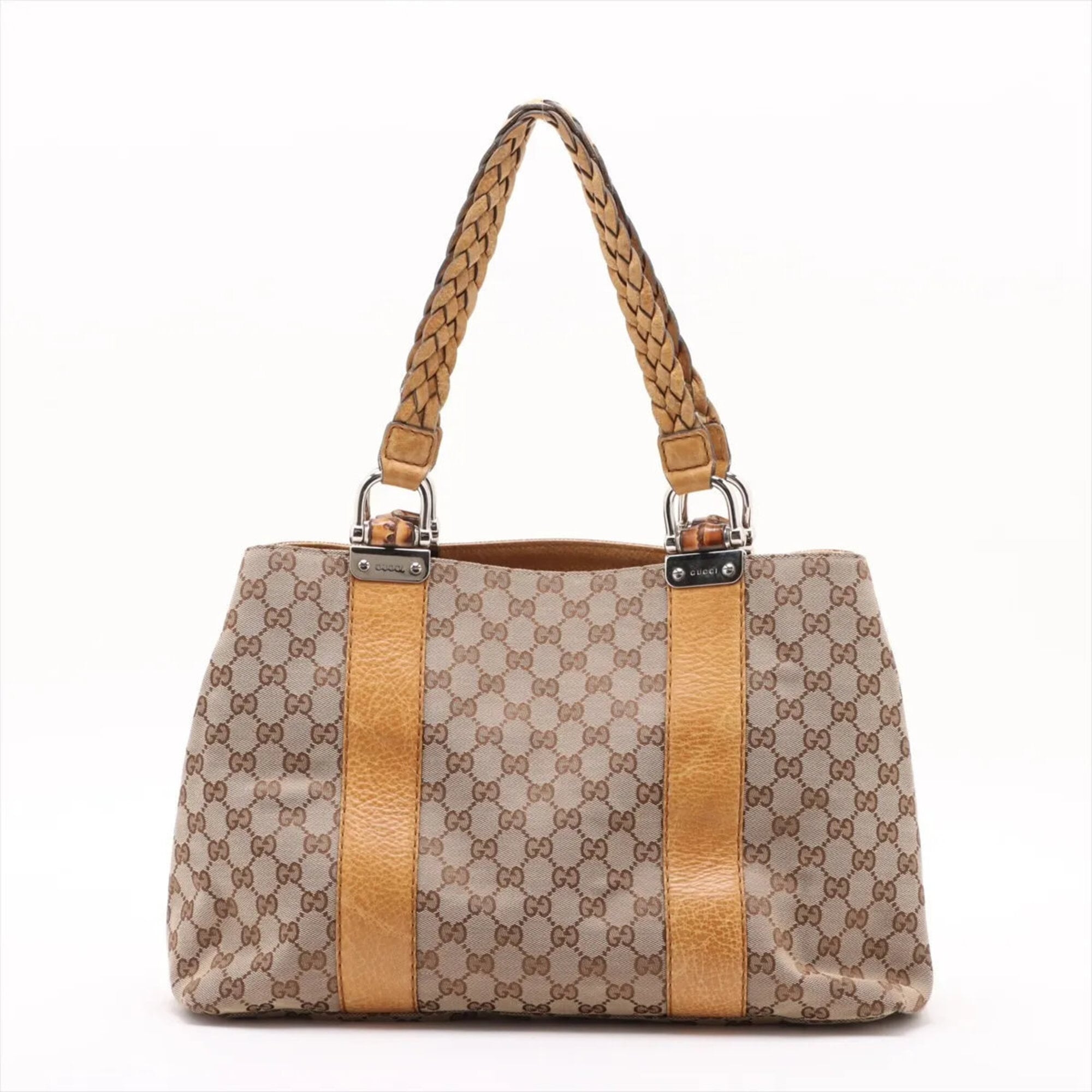 Gucci Beige Canvas Leather Handbag Tote Bag (Pre-Owned)
