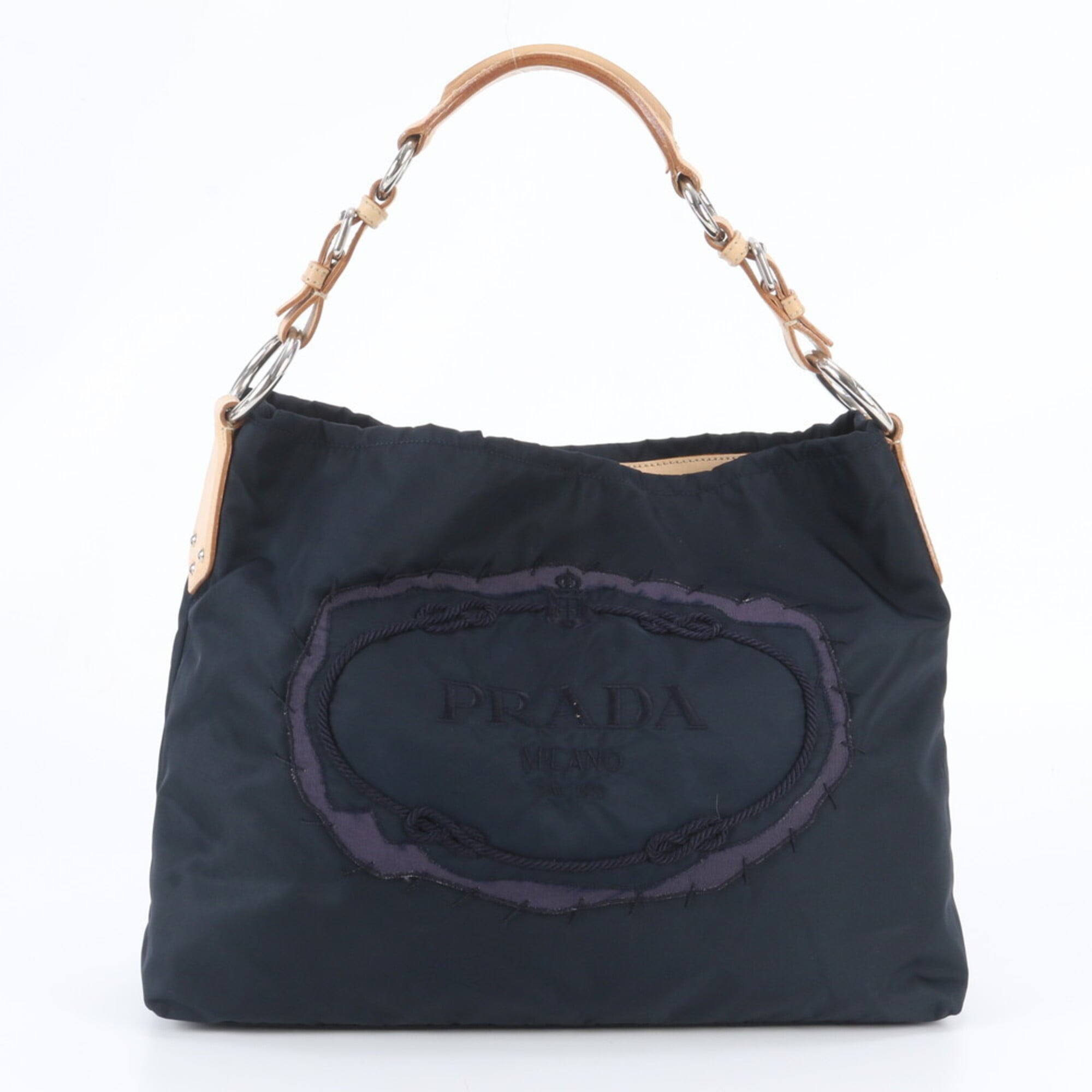Prada Brown Navy Nylon Leather Handbag Shoulder Bag (Pre-Owned)