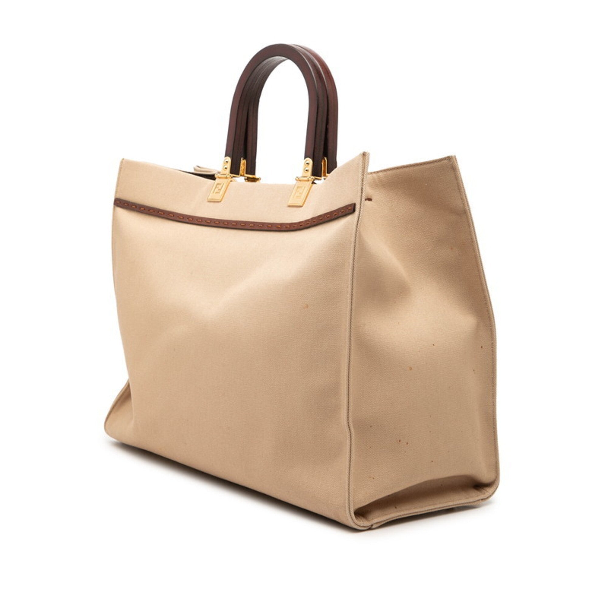 Fendi Beige Brown Canvas Leather Handbag Shoulder Bag Tote Bag (Pre-Owned)