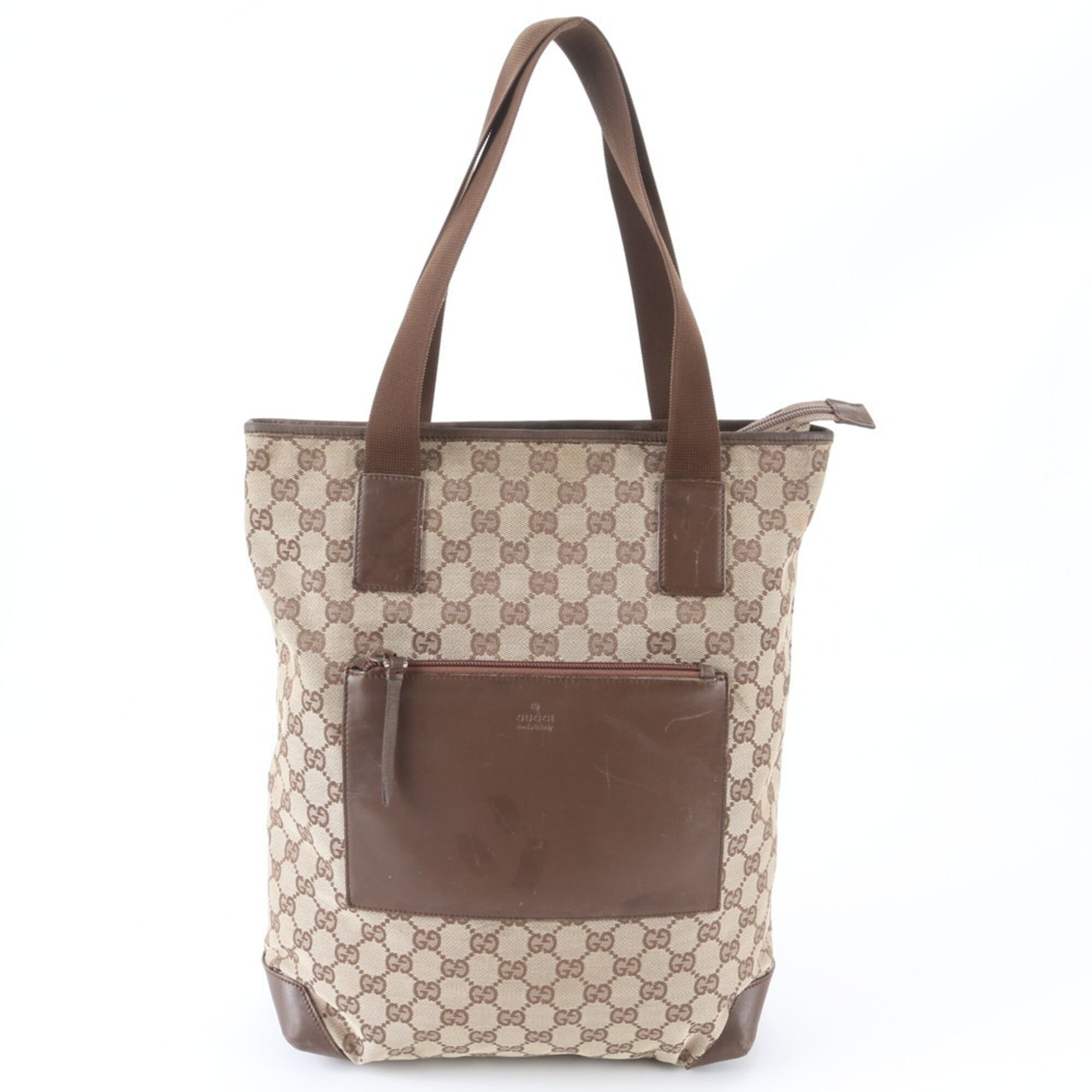 Gucci Beige Brown Leather Canvas Shoulder Bag Tote Bag (Pre-Owned)
