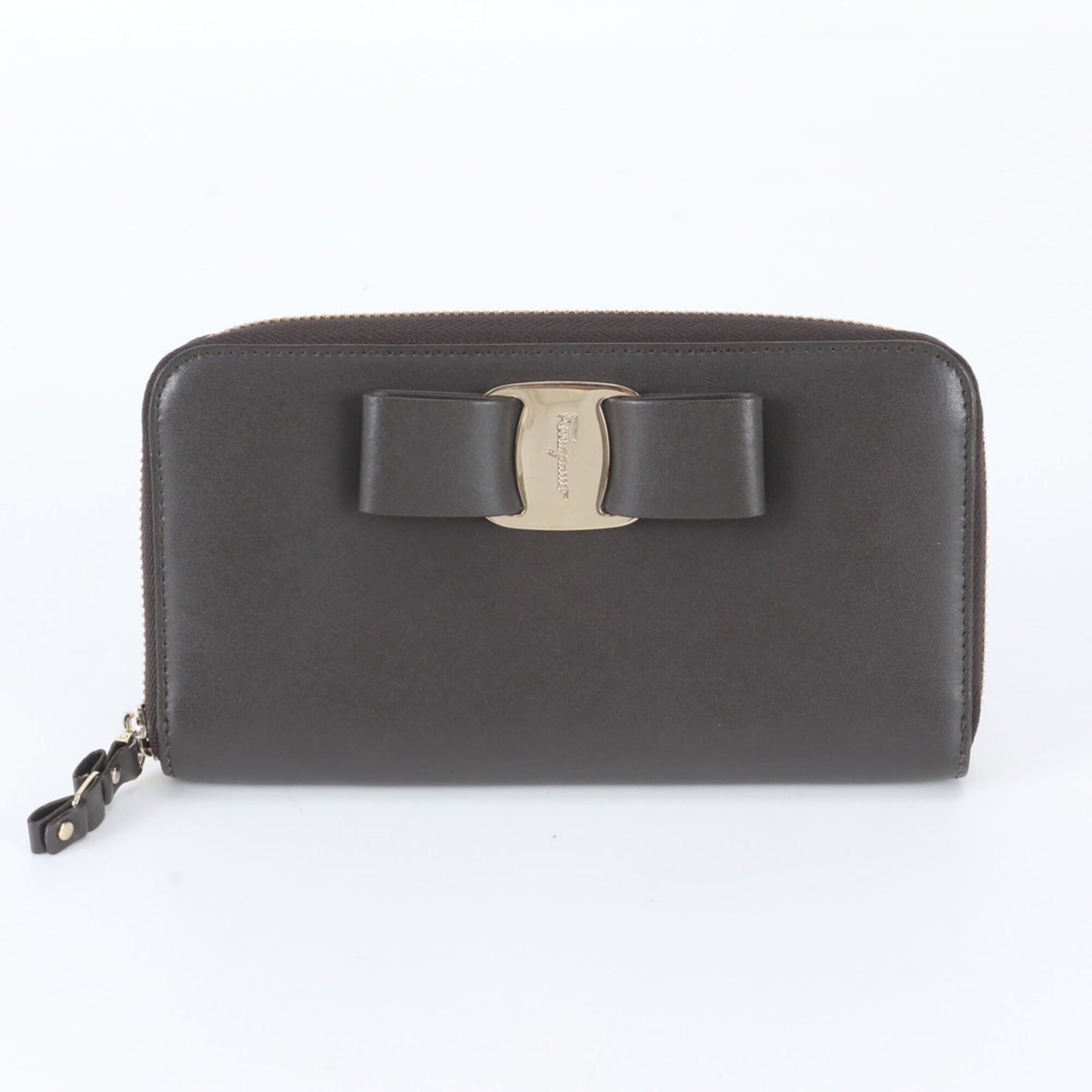 Salvatore Ferragamo Charcoal Gray Leather Long Wallet (Bi-Fold) (Pre-Owned)