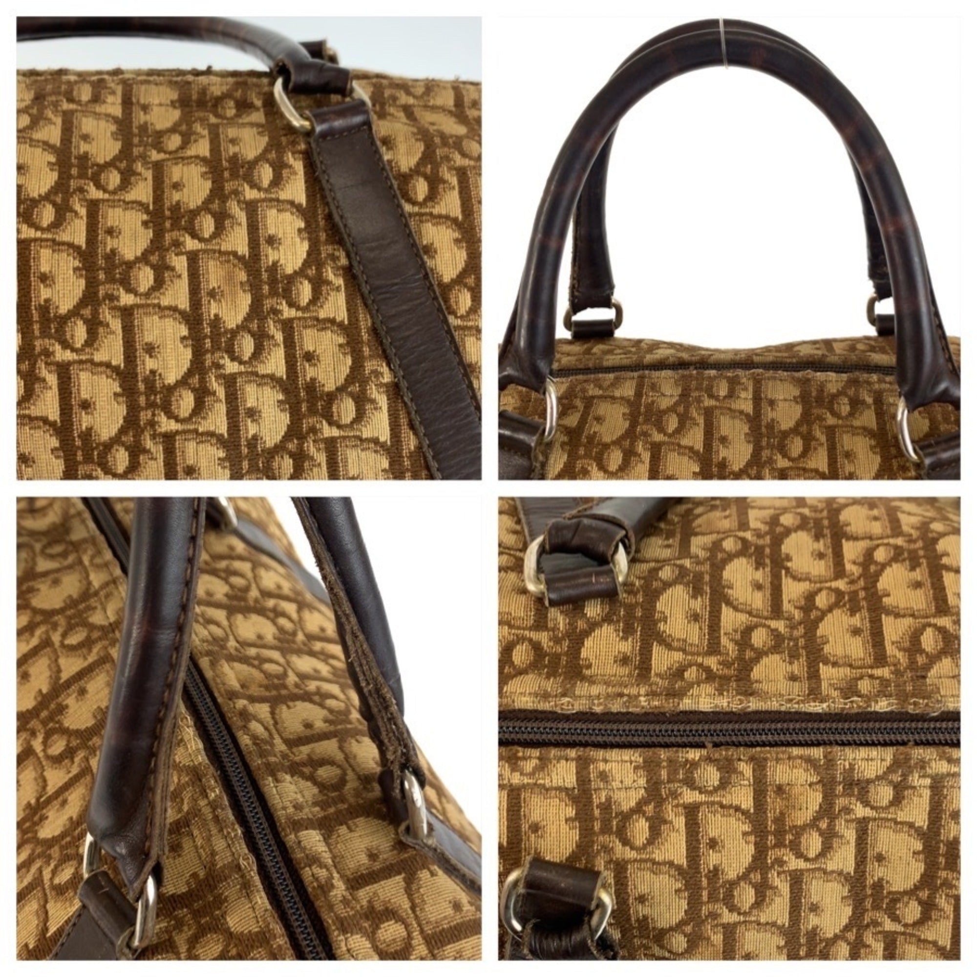 Christian Dior Beige Brown Canvas Leather Boston Bag Handbag (Pre-Owned)