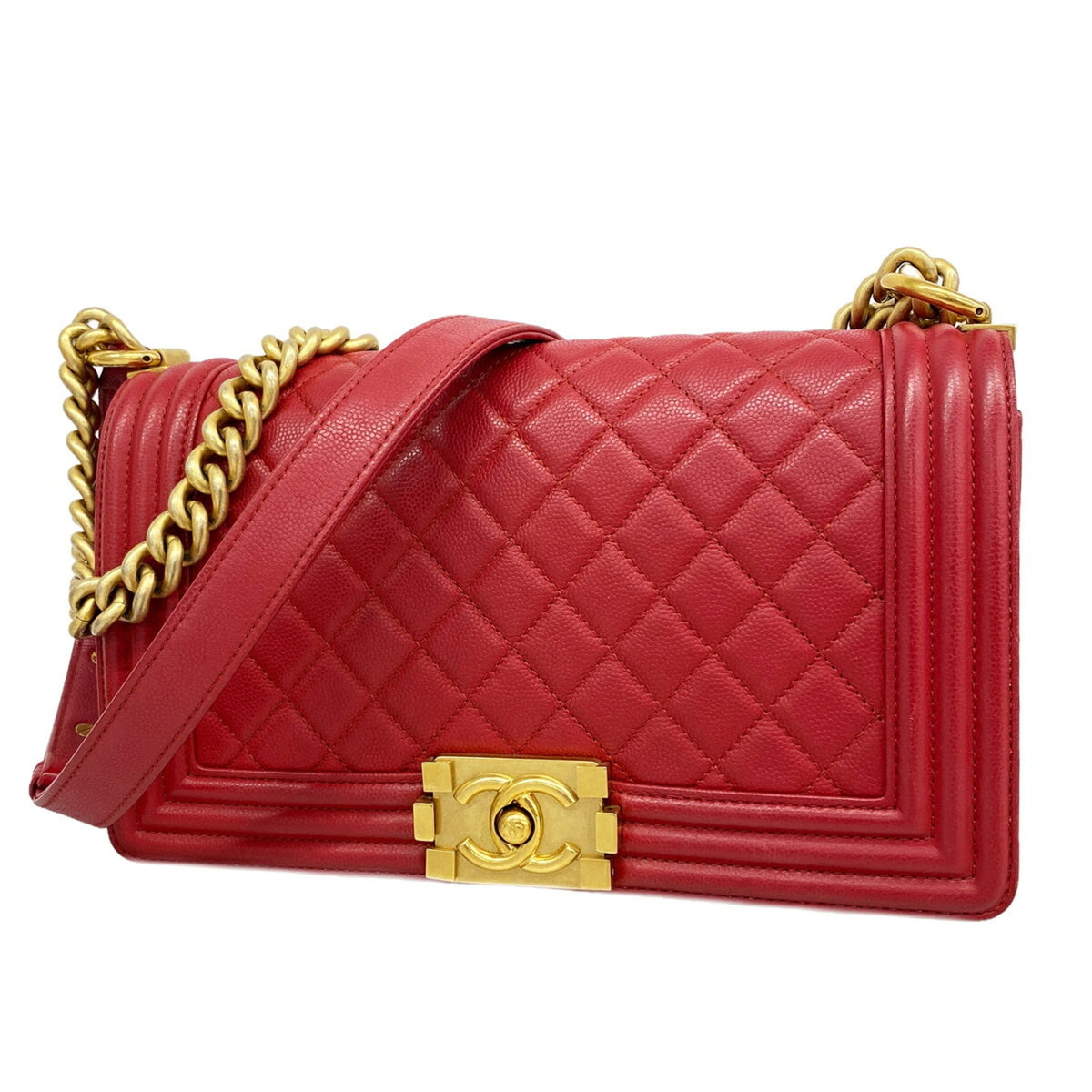 Chanel Red Color Grained Calfskin Shoulder Bag (Pre-Owned)