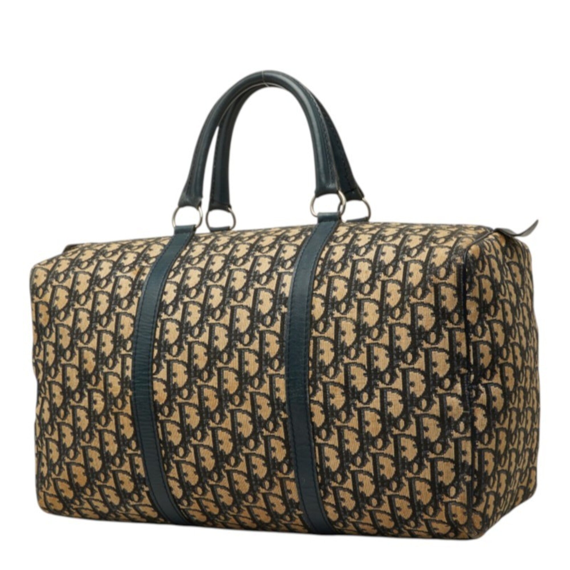 Christian Dior Beige Navy Canvas Leather Boston Bag Handbag (Pre-Owned)