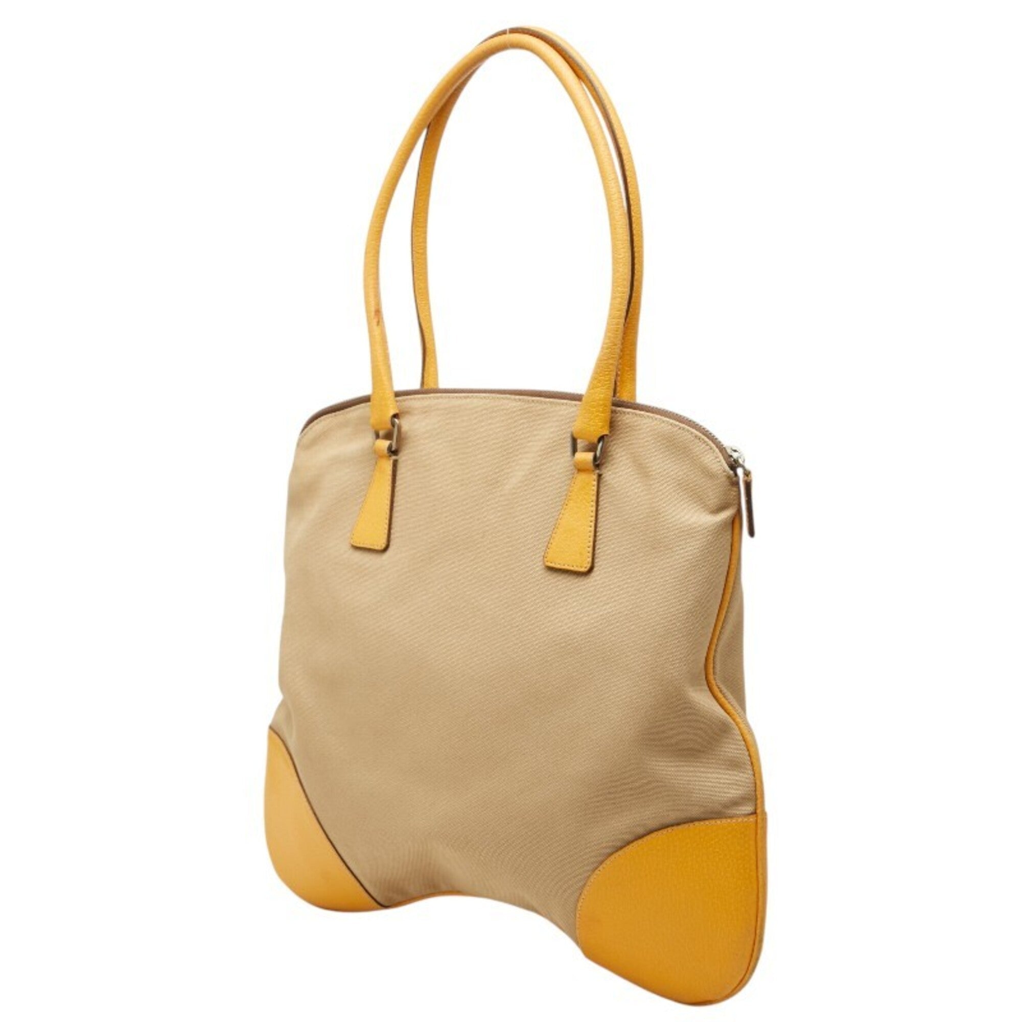 Prada Beige Yellow Canvas Leather Shoulder Bag Tote Bag (Pre-Owned)