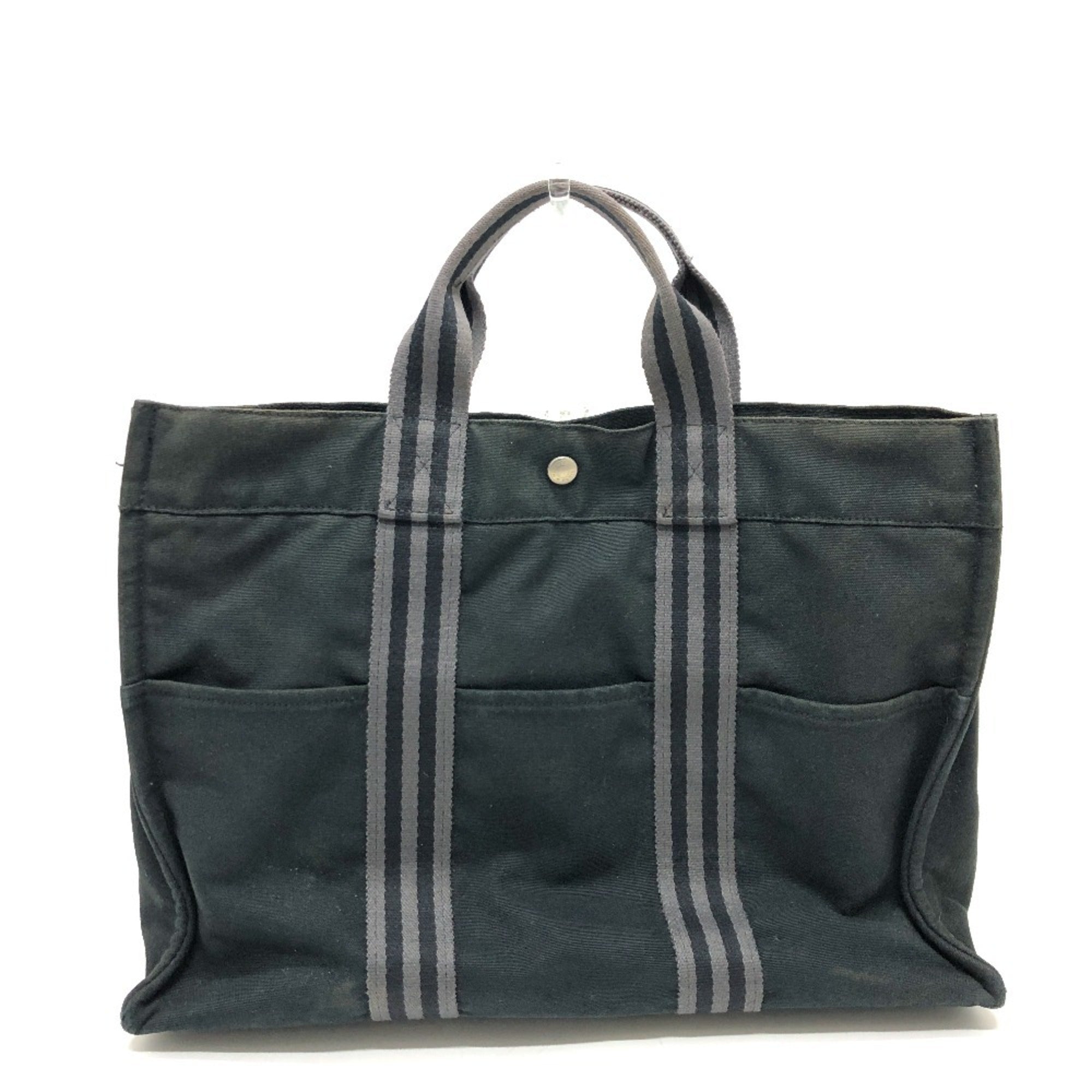 Hermes Black Gray Canvas Handbag Tote Bag (Pre-Owned)