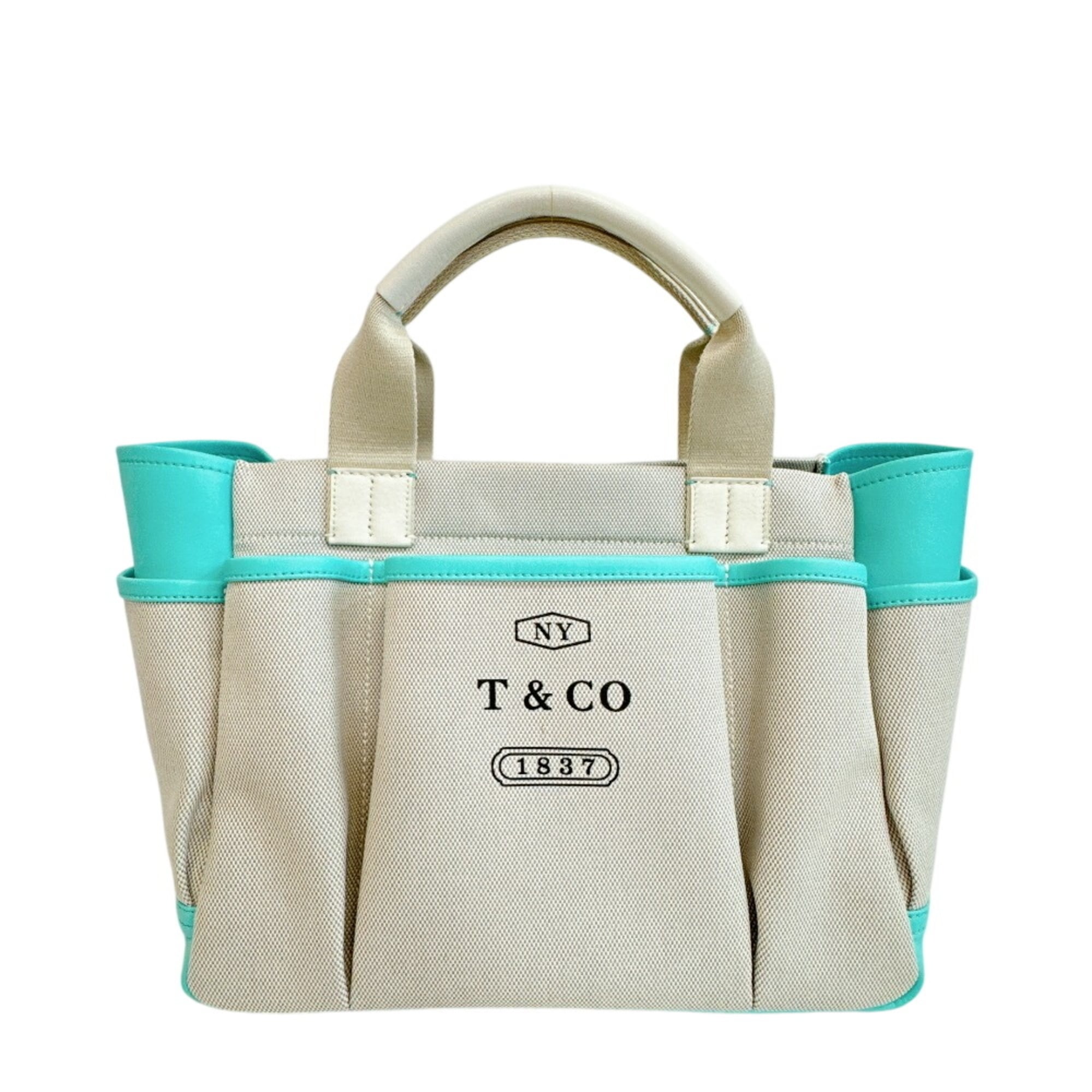 Tiffany Gray Green White Canvas Leather Handbag Tote Bag (Pre-Owned)
